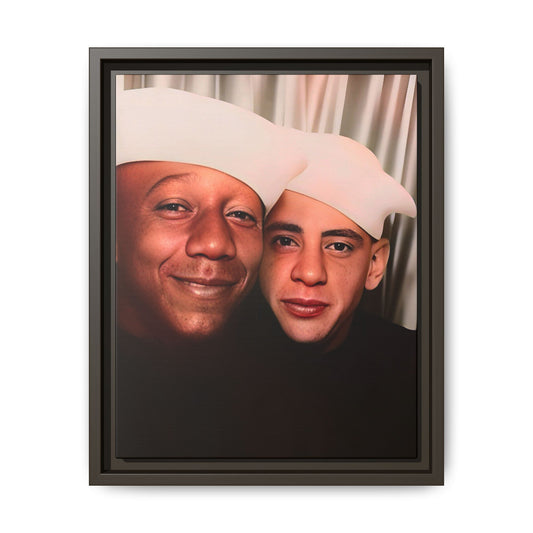 Restored vintage photo of Arthur & Marvin, WWII-era gay sailors in a photo booth, Daytona Beach FL, framed canvas art.