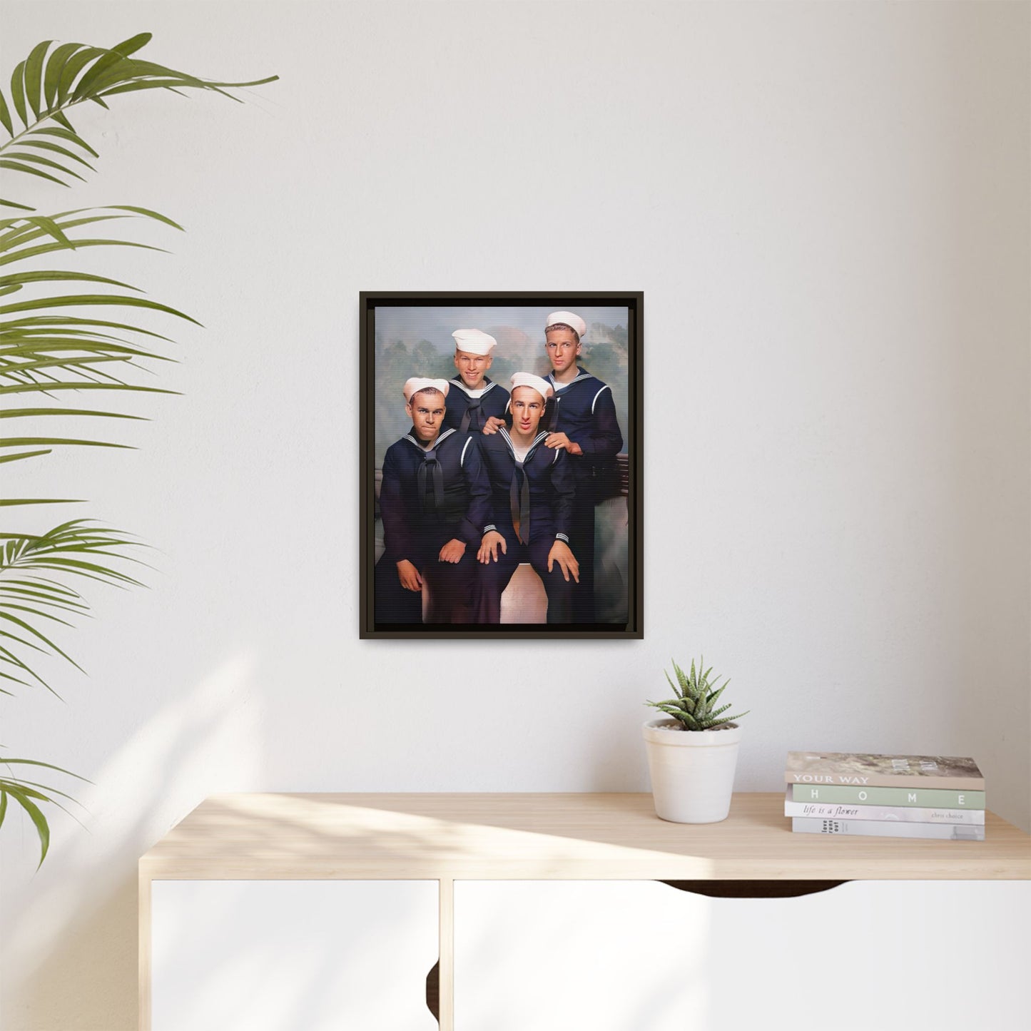 A framed vintage naval portrait on matte canvas featuring four sailors at Naval Station Great Lakes, capturing unity, service, and military pride.