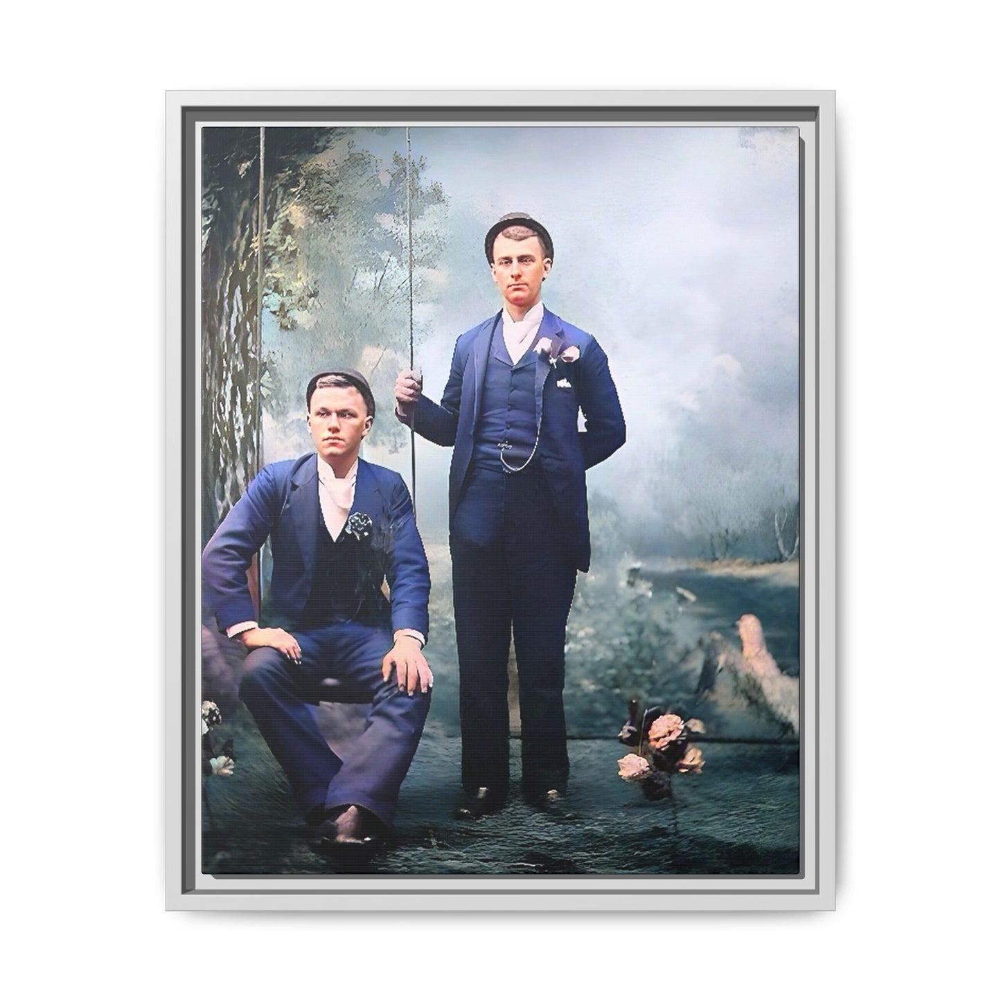 A restored vintage portrait of David & Earnest in Monongahela City, Pennsylvania. This framed matte canvas honors LGBTQ+ history, elegance, and enduring love. Gay Couple