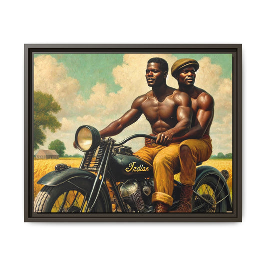 Framed artwork of an African-American gay couple riding a vintage motorcycle through scenic Iowa countryside, celebrating love and unity. Grant Wood Inspired