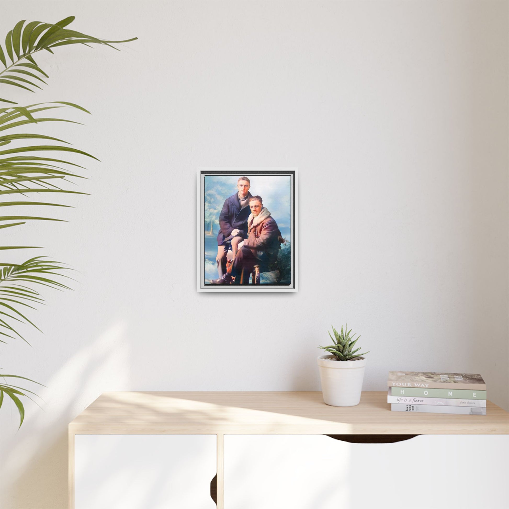 Restored vintage photograph of David and Sam, a gay couple in winter attire from early 20th century Yakima, Washington. Framed matte canvas print showcasing love, resilience, and Gay  history.