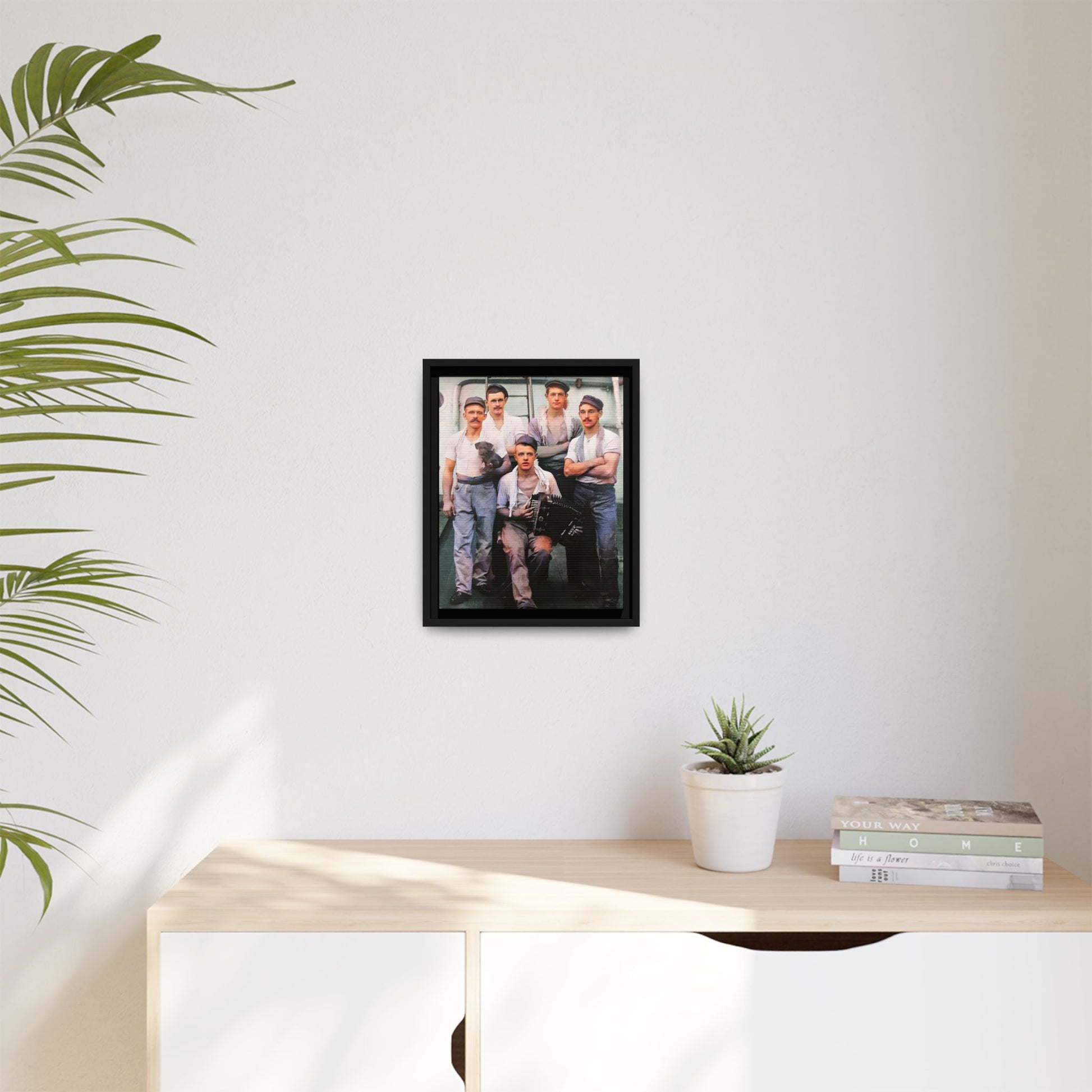 A vintage maritime photograph printed on matte canvas, featuring sailors aboard the Waimarino Cargo Ship, highlighting companionship, tradition, and the spirit of life at sea.