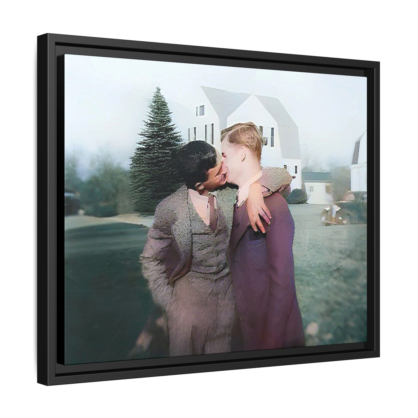 A vintage LGBTQ+ portrait of Milton & Shawn in Londonderry, NH. This framed matte canvas captures a timeless moment of love and resilience, making it a perfect piece for collectors, history enthusiasts, and those celebrating love in all forms. Gay Couple Art