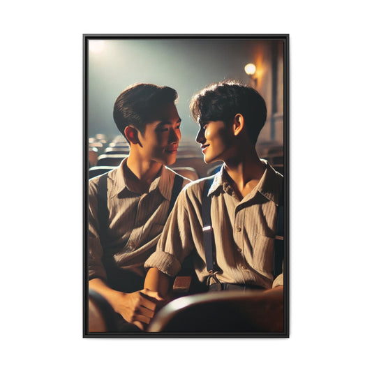 In the hush of a dimly lit Korean cinema, two young men sit hand-in-hand—sharing a gaze filled with tenderness, defiance, and quiet joy. Dressed in mid-century attire with soft linen shirts and suspenders, they embody a moment of connection that feels both intimate and revolutionary. This restored and colorized vintage portrait, believed to be from 1947 Korea, is a poignant reminder that queer love has always existed—even in places and times where it dared not speak its name.