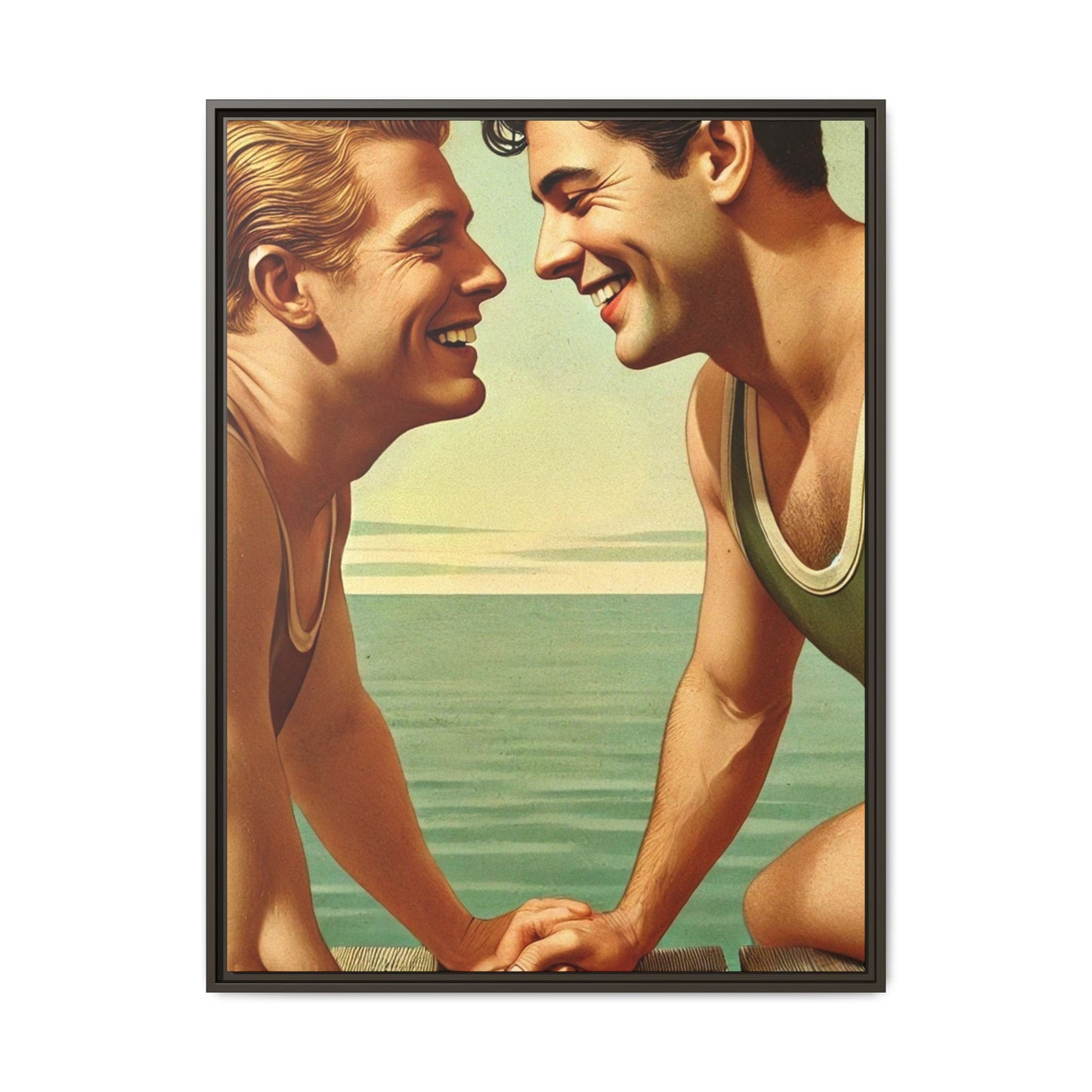 Vintage-style artwork of a joyful 1930s moment between a gay couple by the lake, dressed in classic swimwear and sharing warm smiles. Set on a serene wooden dock, this piece captures love, companionship, and LGBTQ+ history in an idyllic, nostalgic summer setting.