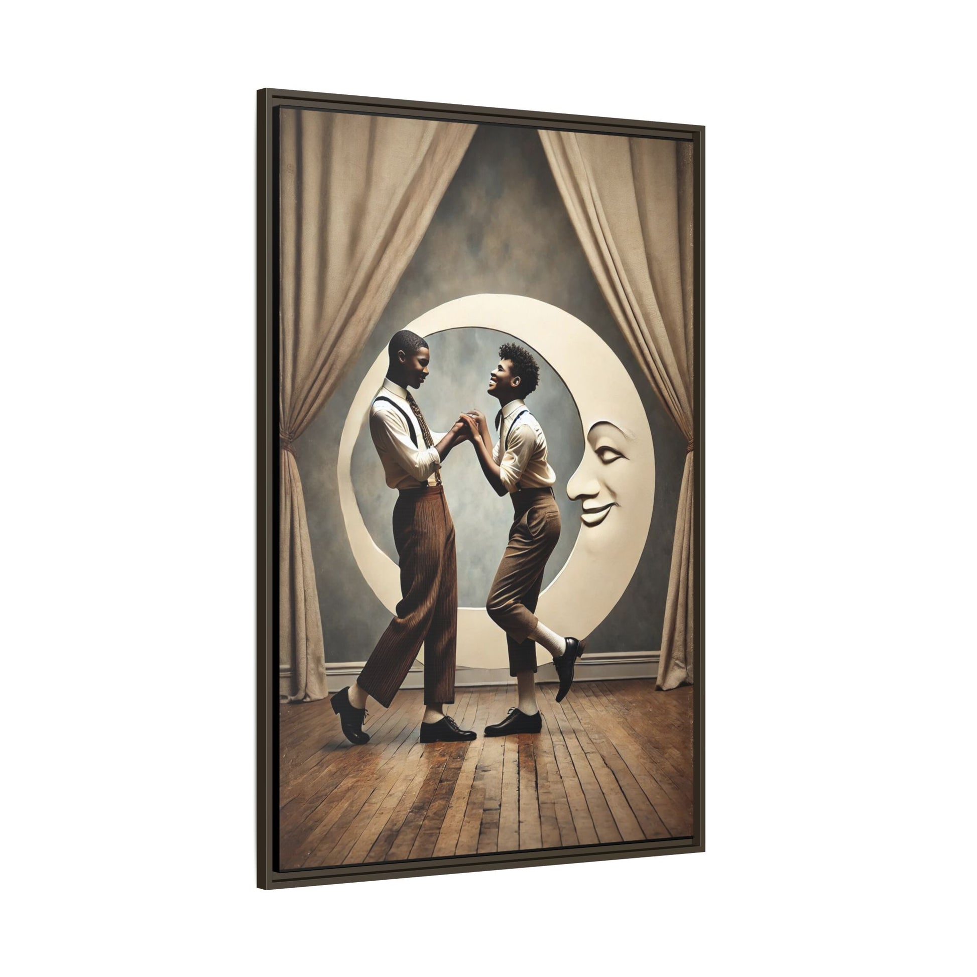 Two joyful young Black men dressed in 1920s fashion dancing in front of a crescent moon prop with a smiling face. This artwork reclaims erased queer love, offering a whimsical and powerful celebration of Black LGBTQ+ youth and history.