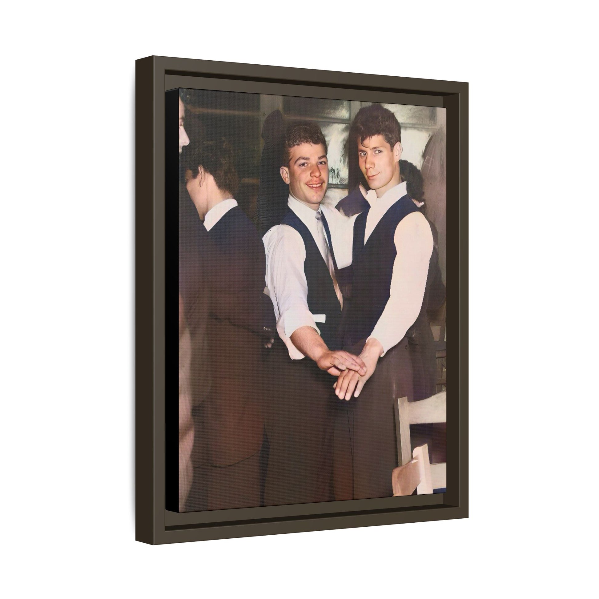 Restored and colorized mid-20th century photo of Clarence and Francis dancing, celebrating LGBTQ+ love and resilience, framed as a matte canvas wall décor piece. Gay Couple
