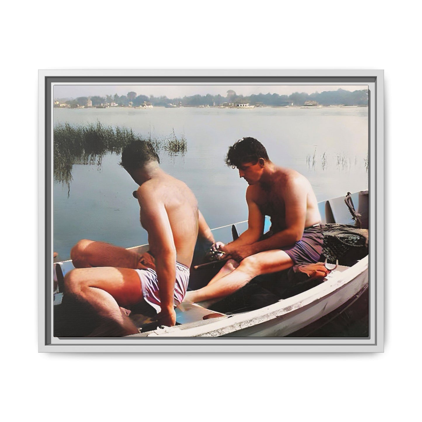 A restored vintage photo of Ned & Marty in a boat at Cape May, New Jersey. This framed matte canvas captures a serene LGBTQ+ love story, offering a nostalgic and timeless nautical scene perfect for collectors and history enthusiasts. Gay Couple