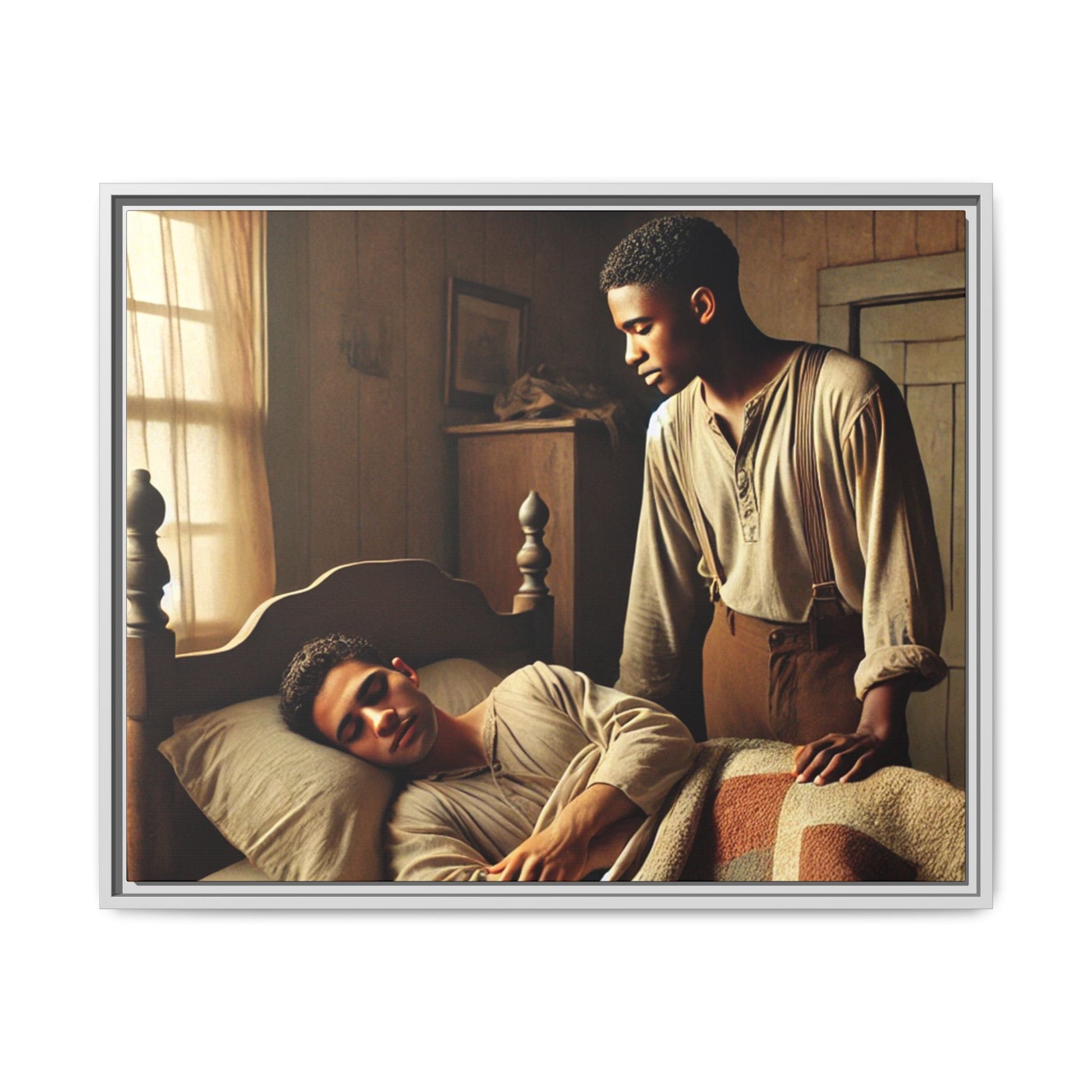 Grant 007 artwork depicting an African-American queer couple in a tender, intimate moment within a rustic bedroom. This scene, bathed in warm, nostalgic light, captures the love and quiet resilience of rural life, celebrating LGBTQ+ representation and African-American heritage.