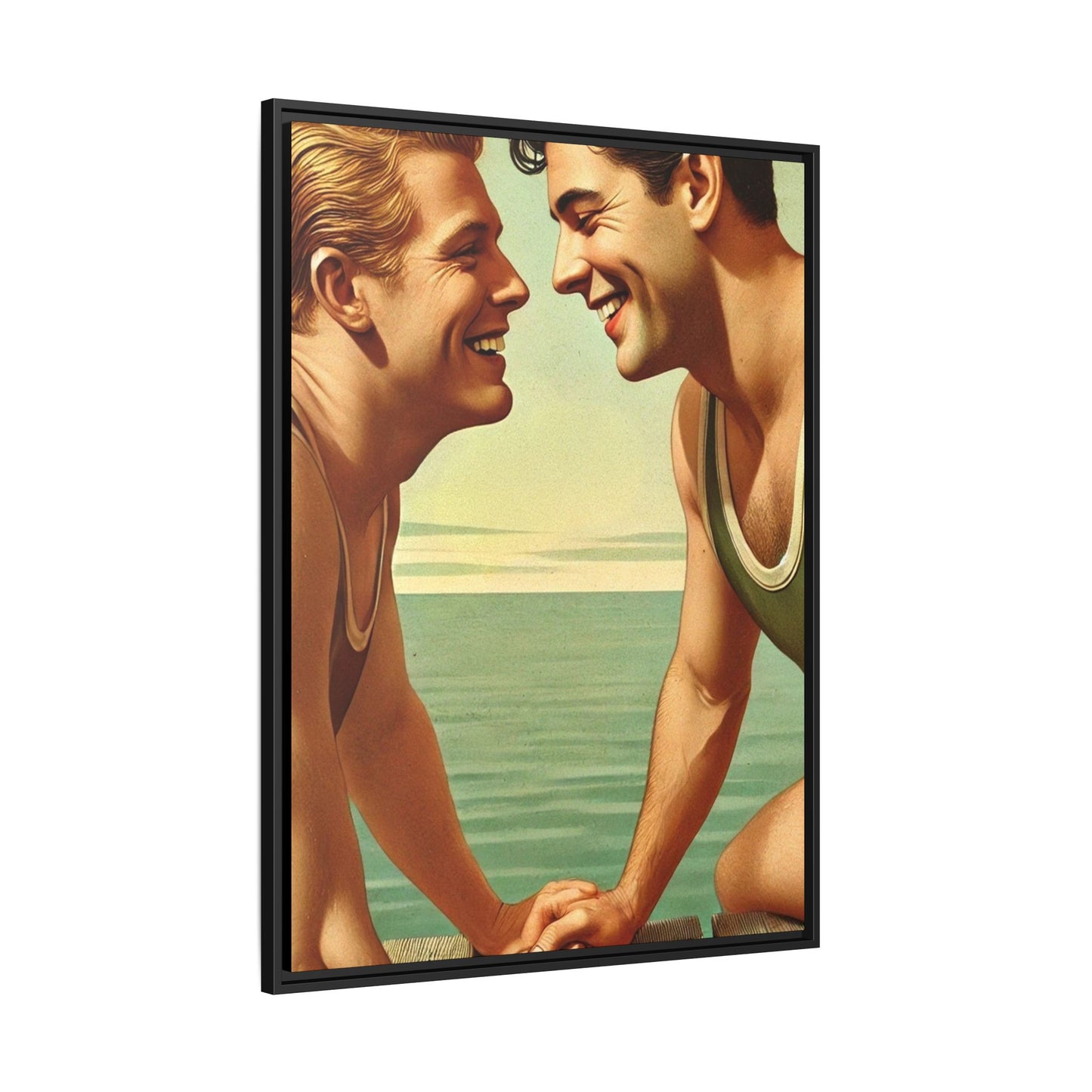 Vintage-style artwork of a joyful 1930s moment between a gay couple by the lake, dressed in classic swimwear and sharing warm smiles. Set on a serene wooden dock, this piece captures love, companionship, and LGBTQ+ history in an idyllic, nostalgic summer setting.