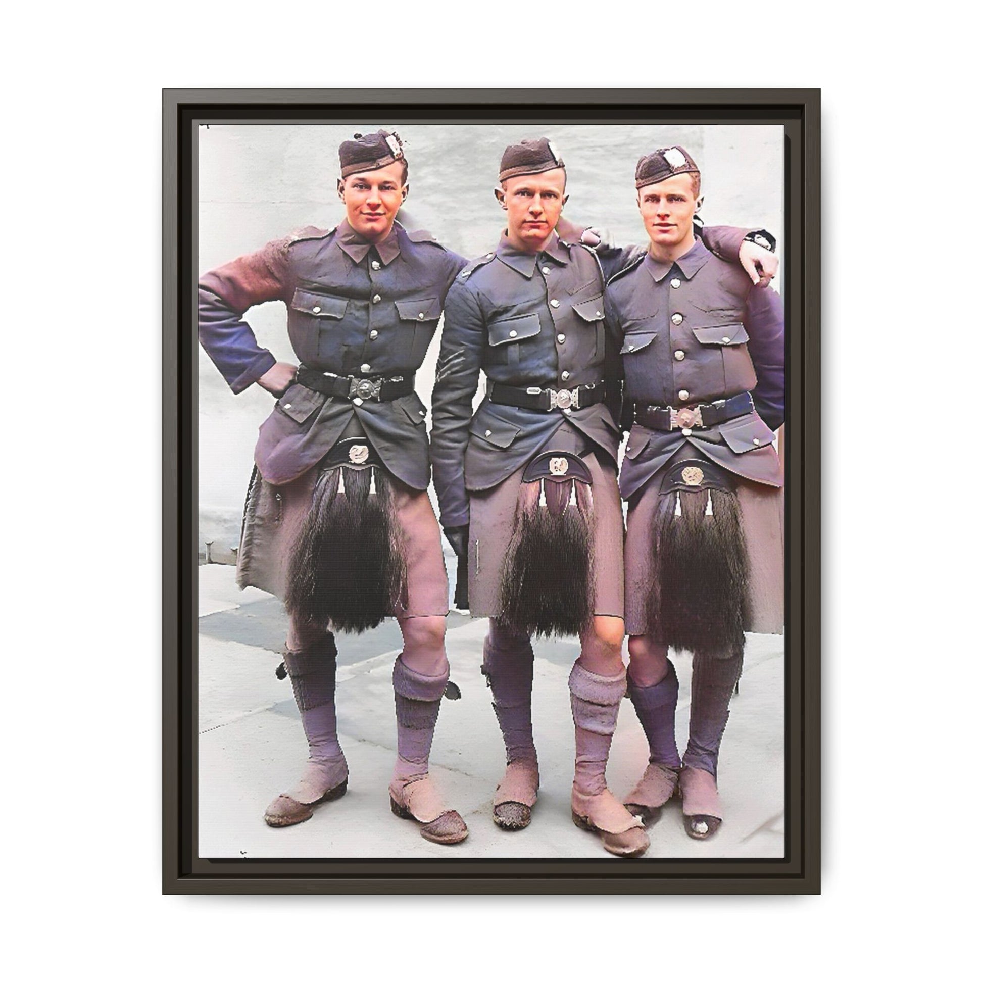 A restored vintage portrait of Gordon Highlanders in Glasgow, Scotland. This framed matte canvas honors Scottish military history, tradition, and unity.