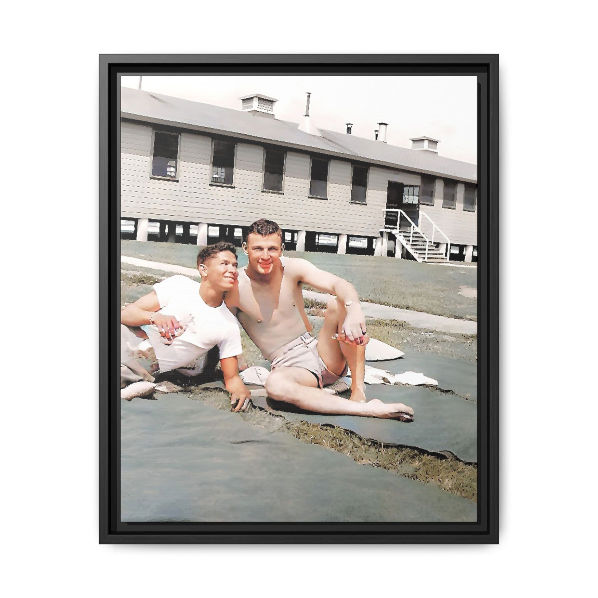 A framed vintage military portrait on matte canvas featuring Wayne and Jerry at Camp Blanding, Florida, capturing a timeless LGBTQ+ connection and companionship.
Gay Couple
