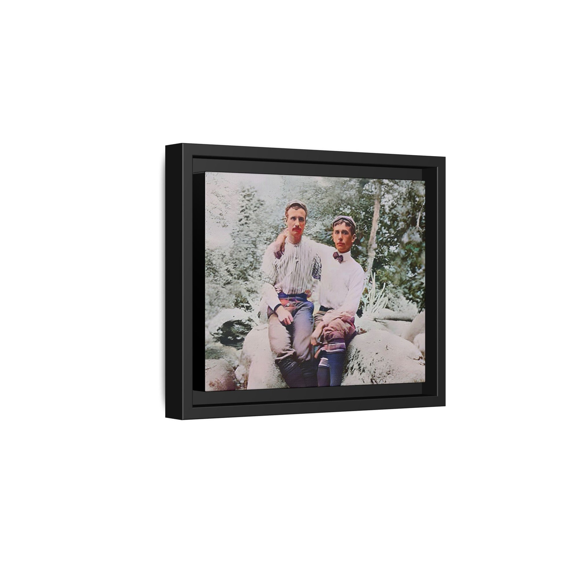 A framed vintage love portrait on matte canvas featuring Grover and Emil in Villamont, Virginia, capturing timeless LGBTQ+ connection and companionship. Gay Couple