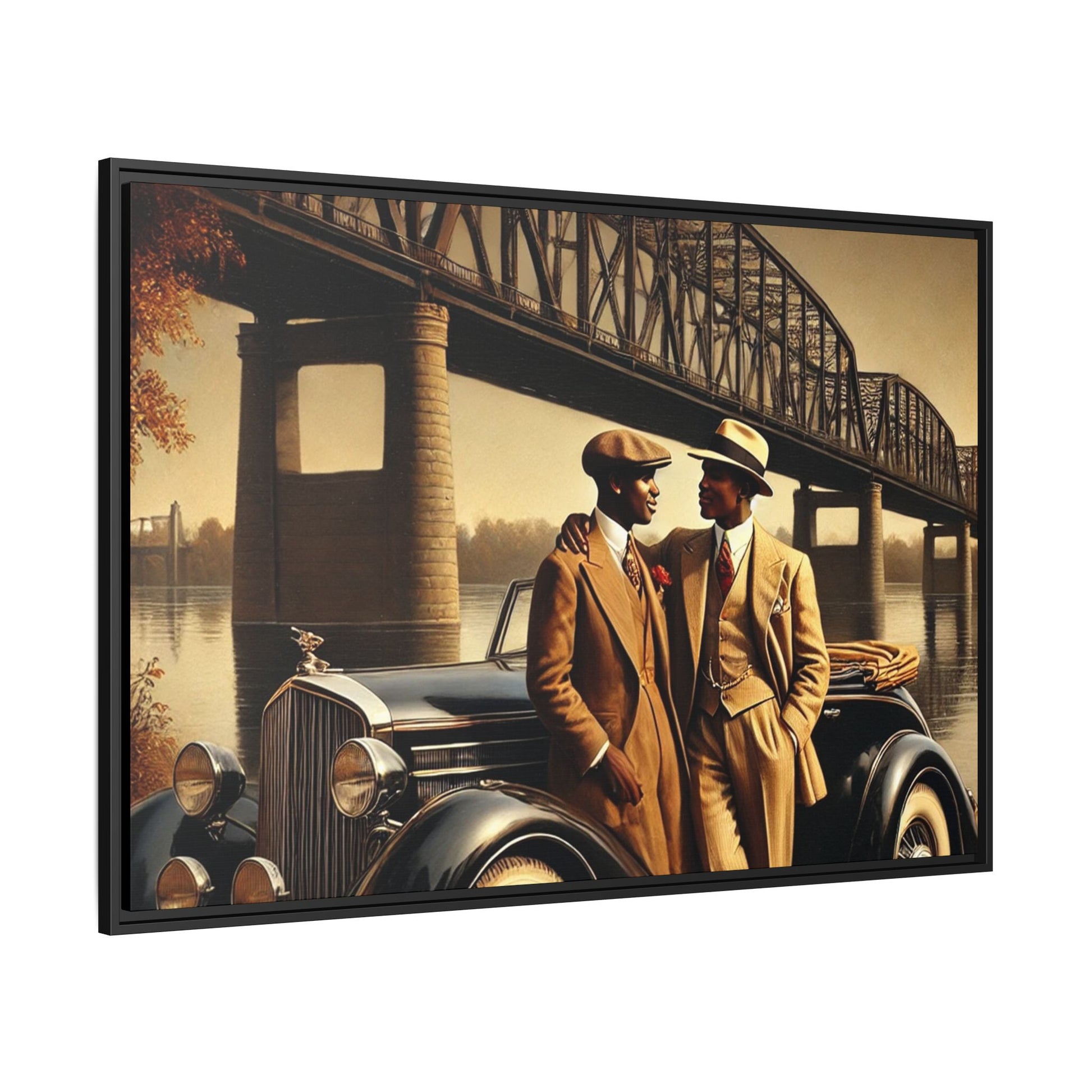 Vintage-style artwork of an African-American gay couple in the 1930s with a Packard car by the Mississippi River, celebrating love and inclusivity.