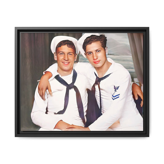 A restored vintage Navy portrait of Kenny and William at Fort Lee, Virginia. This framed matte canvas print honors military camaraderie, resilience, and LGBTQ+ history with a timeless tribute to friendship and love. Gay Couple Sailors Navy