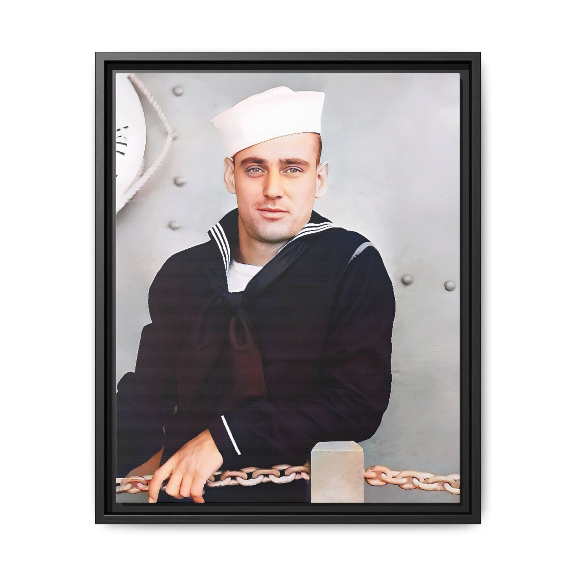 A restored vintage portrait of Francis aboard the USS Might. This framed matte canvas captures naval history, service, and timeless duty.