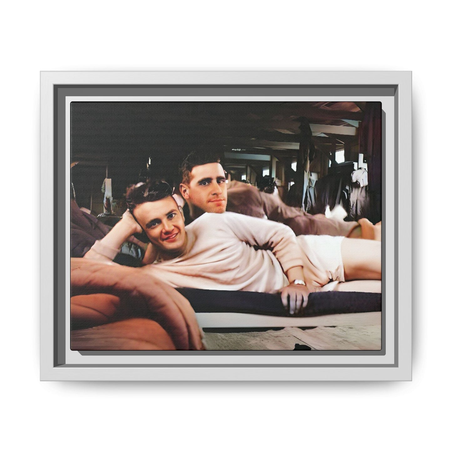 Jules & Seymour - At Ease Together | Vintage 1940s Gay Couple Photo | Restored Framed Matte Canvas Art | Camp Campbell KY Gay Couple