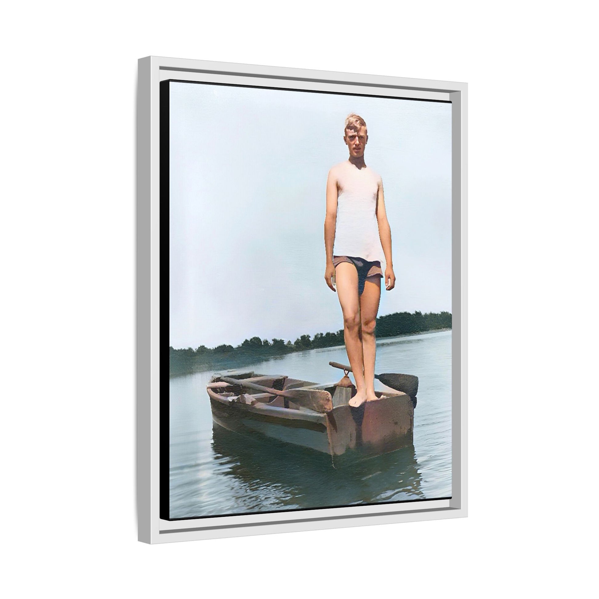 A framed vintage lake portrait on matte canvas featuring George standing on a rowboat at Creve Coeur Lake, Missouri, capturing timeless outdoor nostalgia.