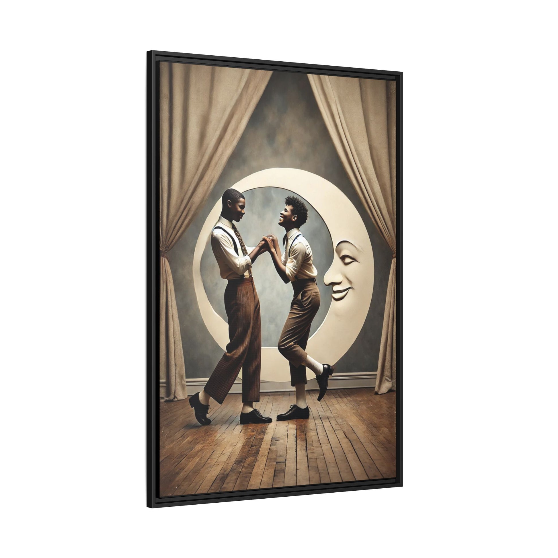 Two joyful young Black men dressed in 1920s fashion dancing in front of a crescent moon prop with a smiling face. This artwork reclaims erased queer love, offering a whimsical and powerful celebration of Black LGBTQ+ youth and history.