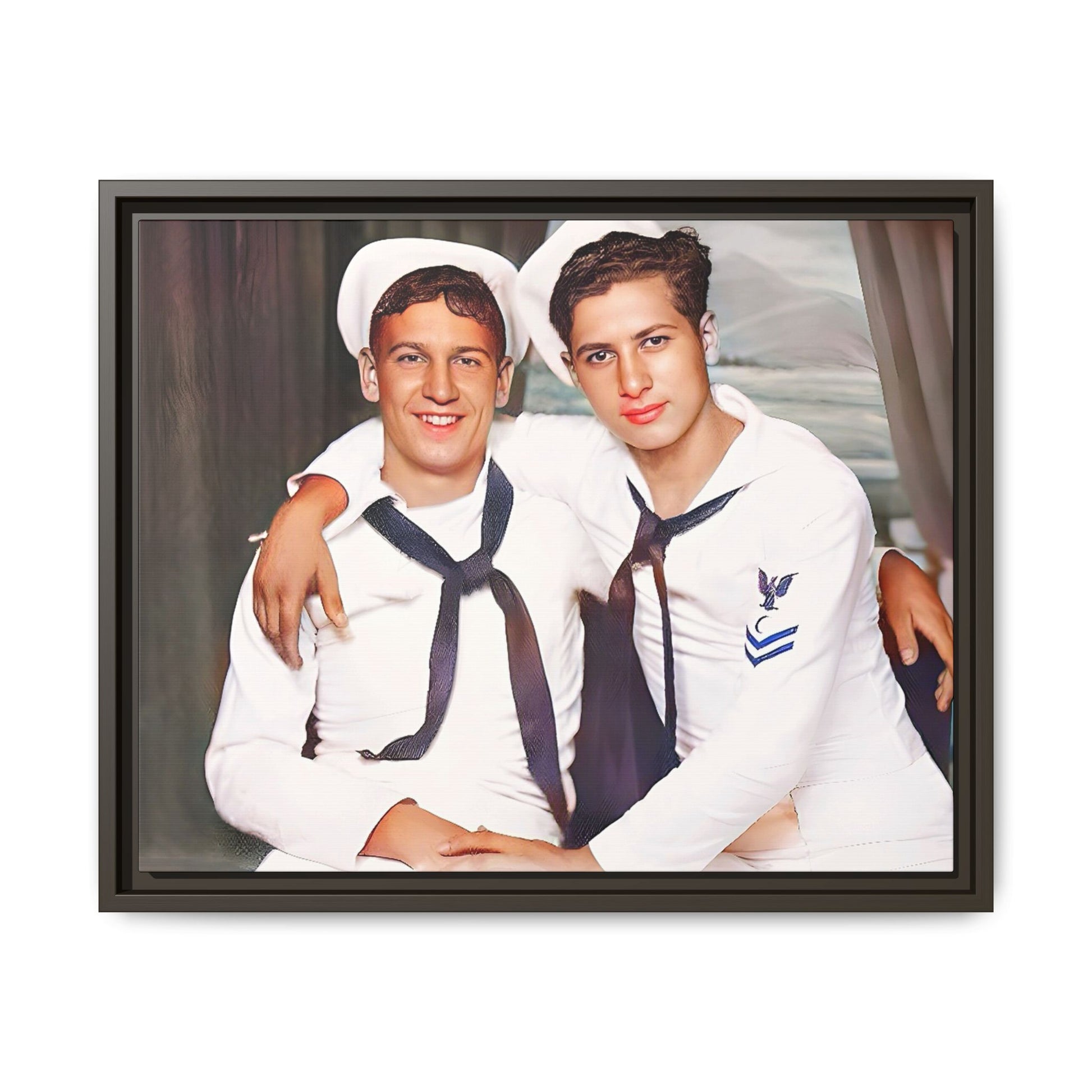 A restored vintage Navy portrait of Kenny and William at Fort Lee, Virginia. This framed matte canvas print honors military camaraderie, resilience, and LGBTQ+ history with a timeless tribute to friendship and love. Gay Couple Sailors Navy