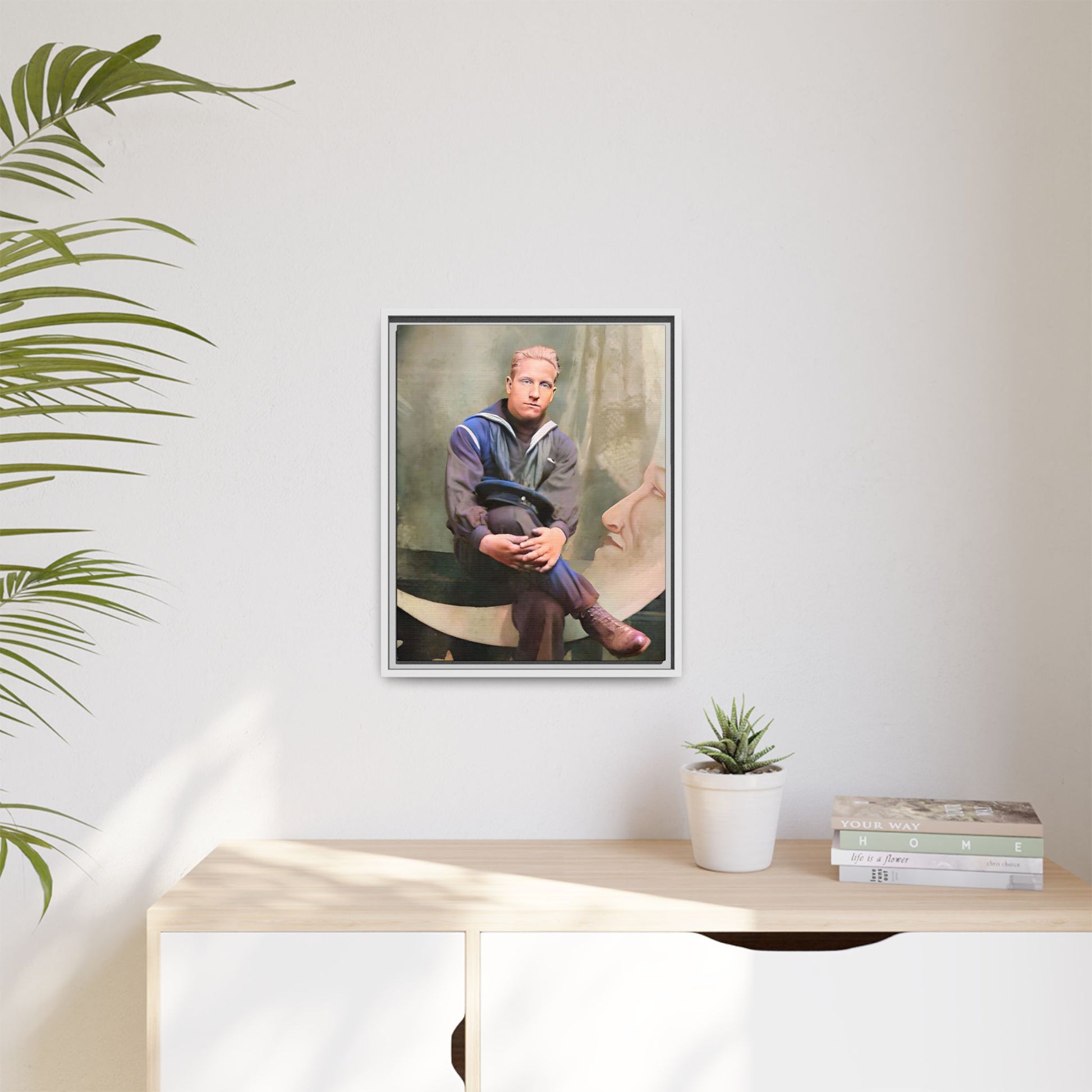 A vintage U.S. Navy sailor portrait featuring Jacob in uniform with a crescent moon backdrop. This framed matte canvas print is a timeless tribute to naval service, ideal for military history collectors, veterans, and nautical decor lovers. Art Deco Paper Moon Prop