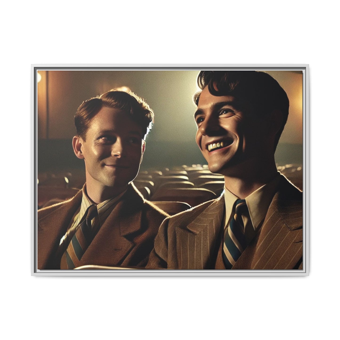 Vintage-style photo of two young men sharing an intimate moment on a date in a 1930s movie theater. Dressed in classic pinstripe suits, their smiles and close connection evoke the warmth and charm of the era, celebrating LGBTQ+ history and timeless romance.