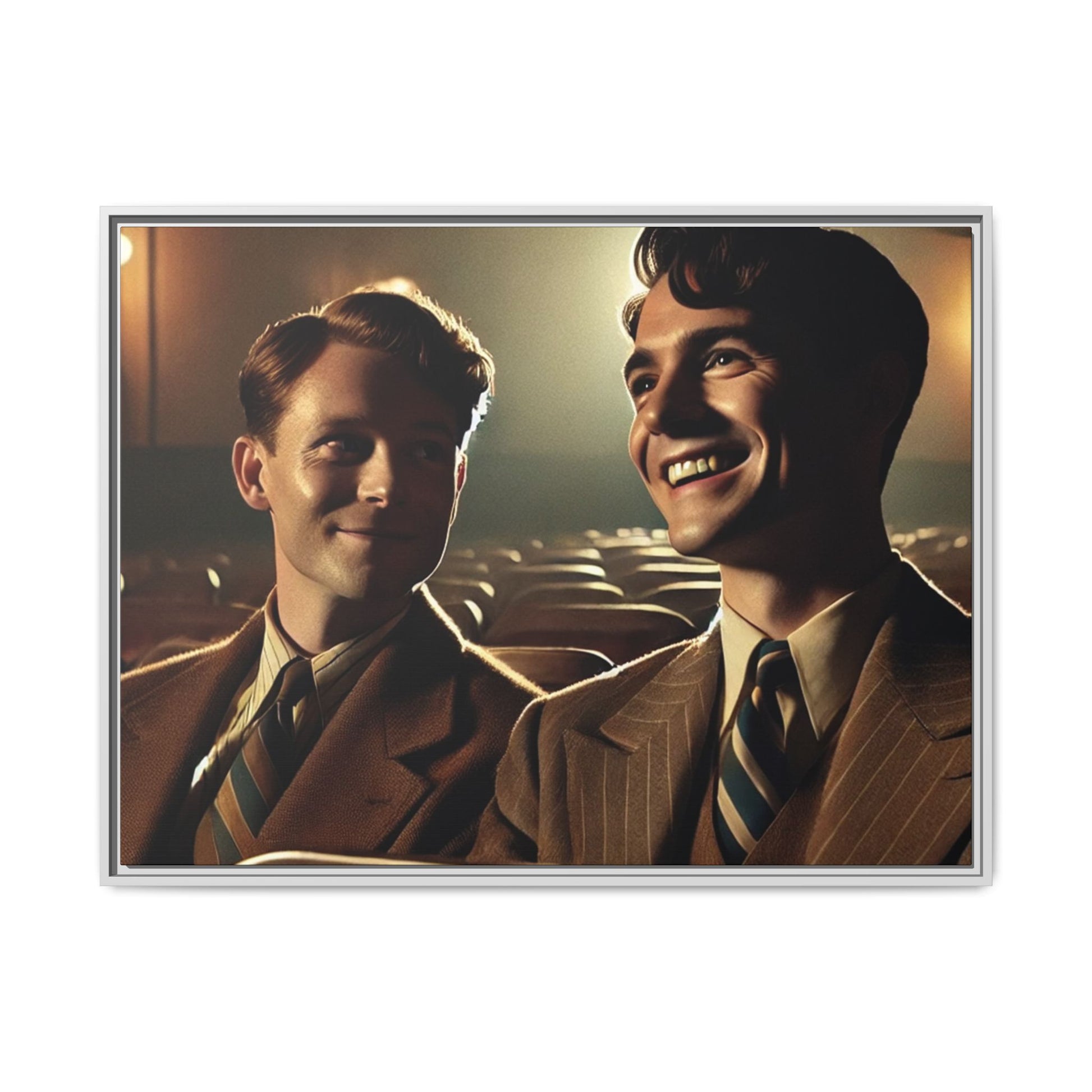 Vintage-style photo of two young men sharing an intimate moment on a date in a 1930s movie theater. Dressed in classic pinstripe suits, their smiles and close connection evoke the warmth and charm of the era, celebrating LGBTQ+ history and timeless romance.