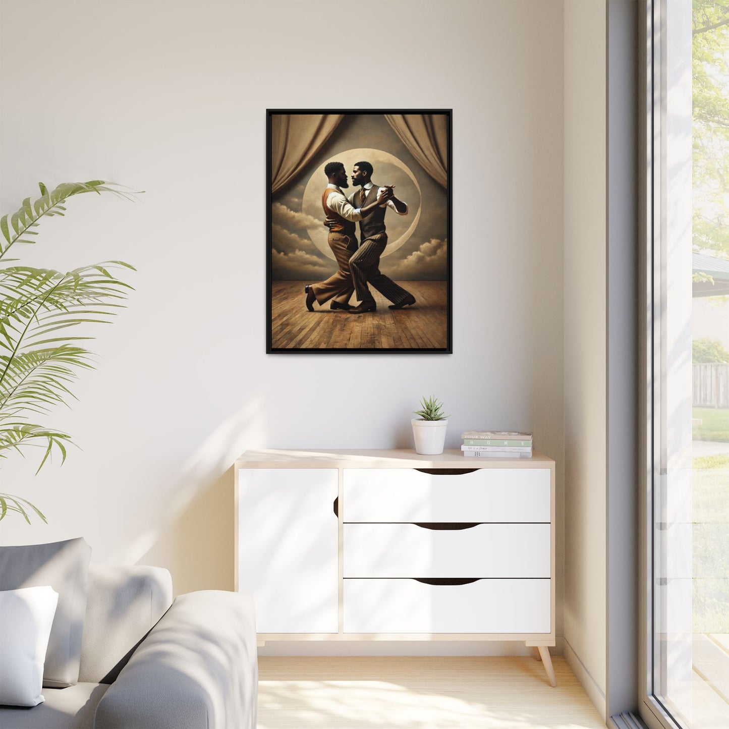 Original artwork of two Black men ballroom dancing in vintage 1920s suits under a glowing moon backdrop. A romantic and powerful tribute to queer love and Black history that reclaims moments lost to systemic bias and cultural erasure.