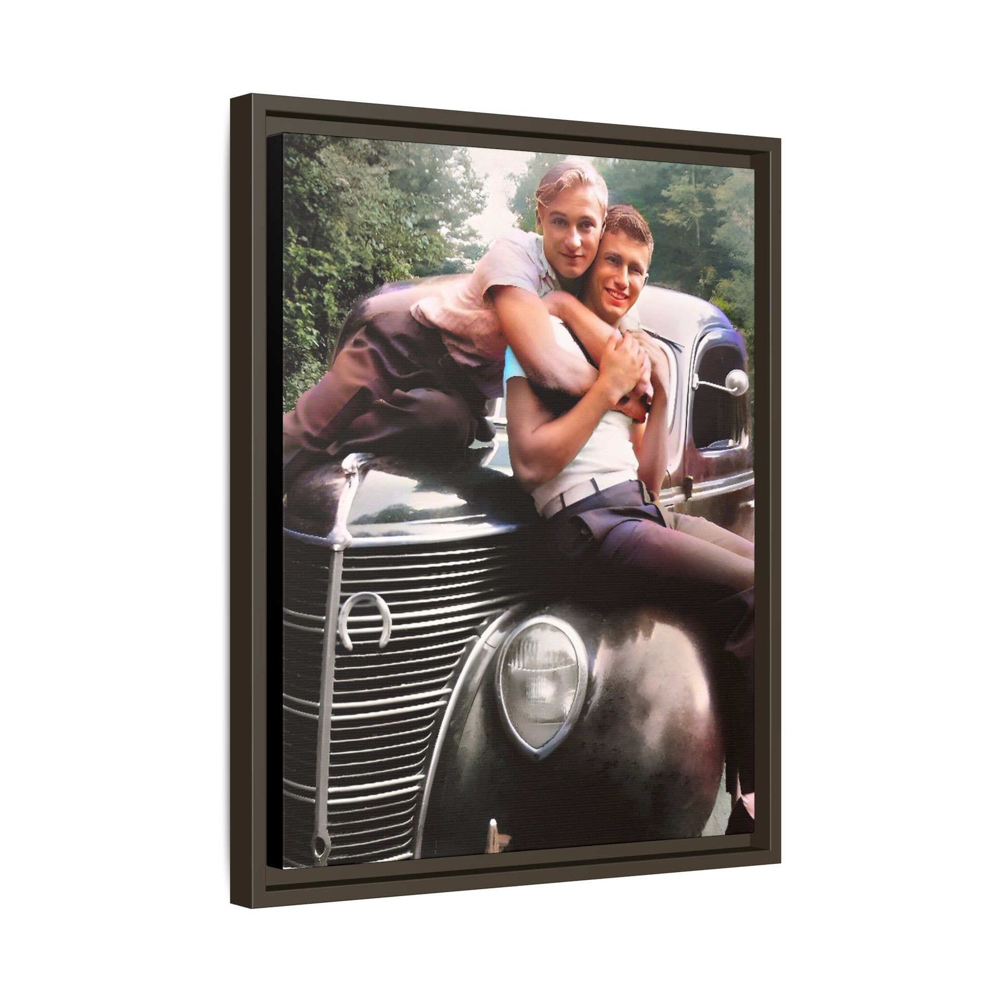 Vintage LGBTQ+ love portrait of Kent & Jamie in Watkins Glen, NY. A nostalgic moment on a classic car, now a museum-quality matte canvas print with handcrafted frame options. Perfect for collectors and those celebrating LGBTQ+ history. Gay Couple