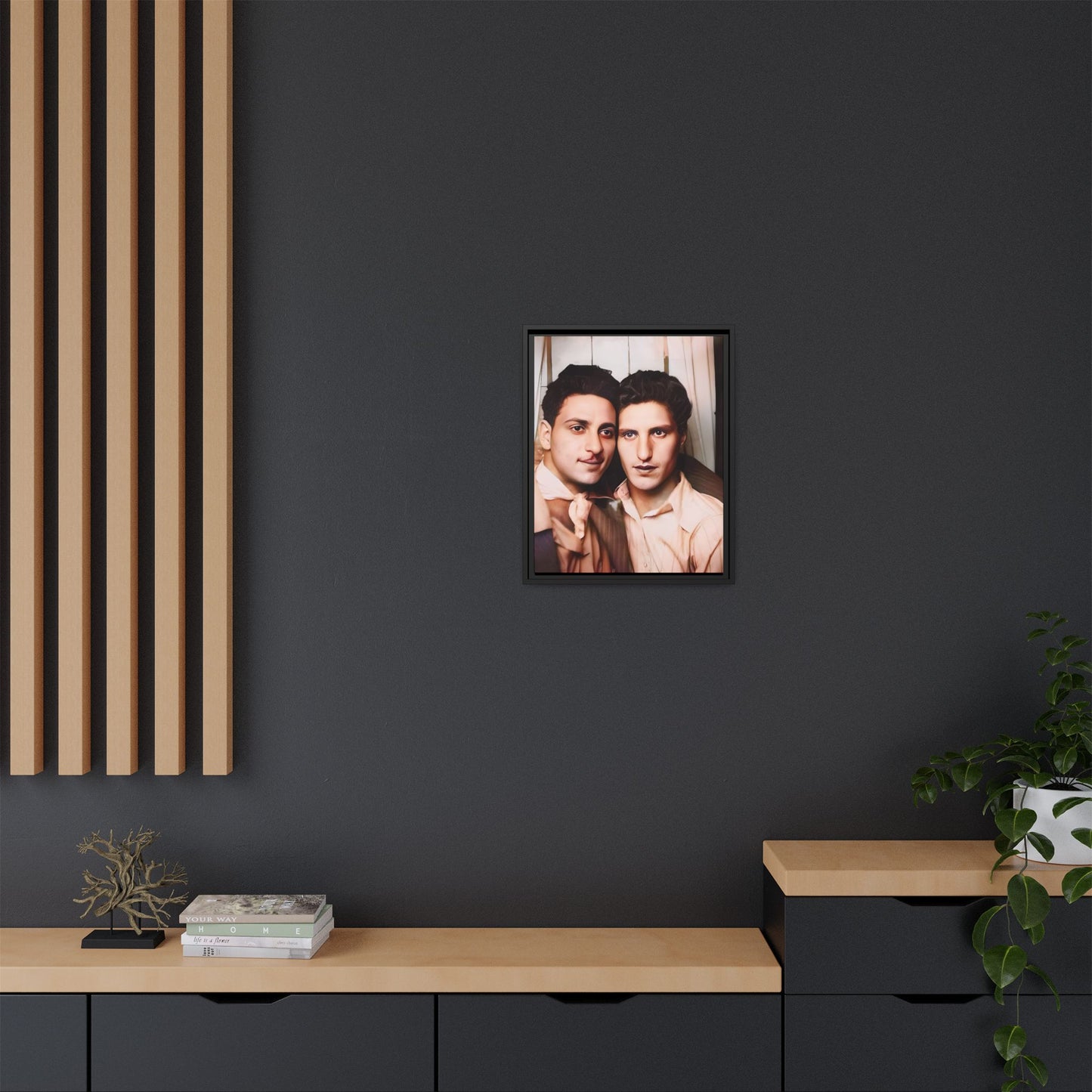 A framed vintage photo booth portrait on matte canvas featuring Juan and Lawrence in Santa Monica, California, capturing timeless LGBTQ+ love and companionship. Gay Couple