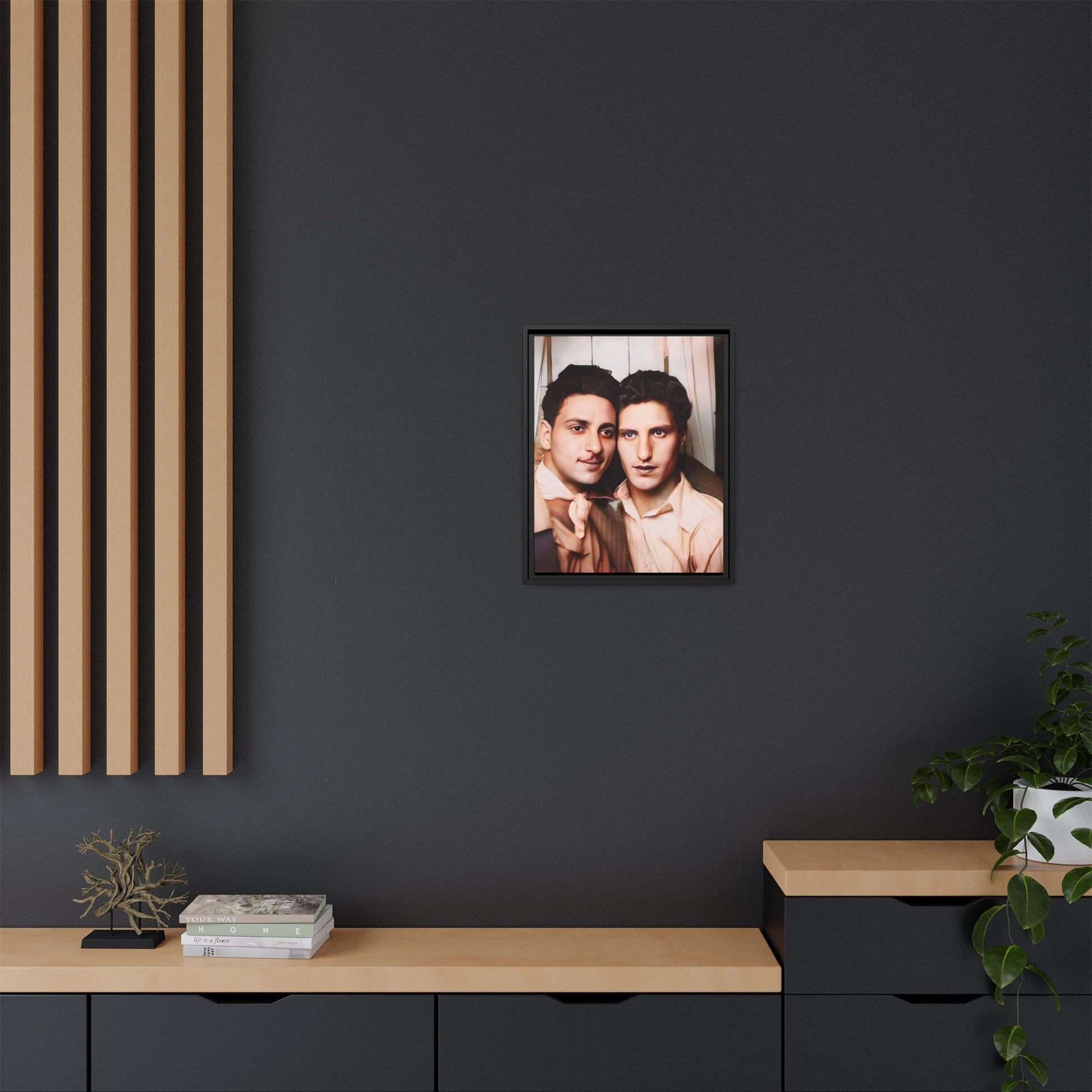 A framed vintage photo booth portrait on matte canvas featuring Juan and Lawrence in Santa Monica, California, capturing timeless LGBTQ+ love and companionship. Gay Couple