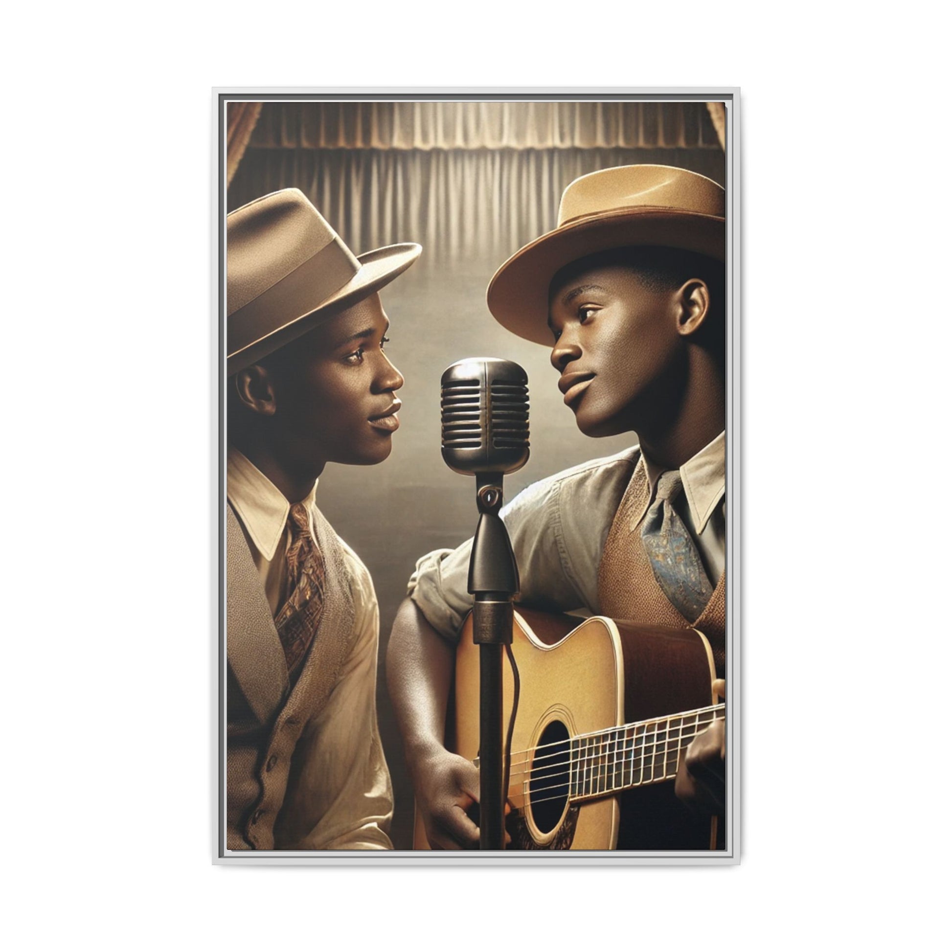 Artwork of an African-American gay couple recording a song in a 1930s-style studio. Dressed in vintage attire with fedoras and ties, they share a close, tender moment around a classic microphone, capturing love, music, and cultural heritage in a nostalgic setting
