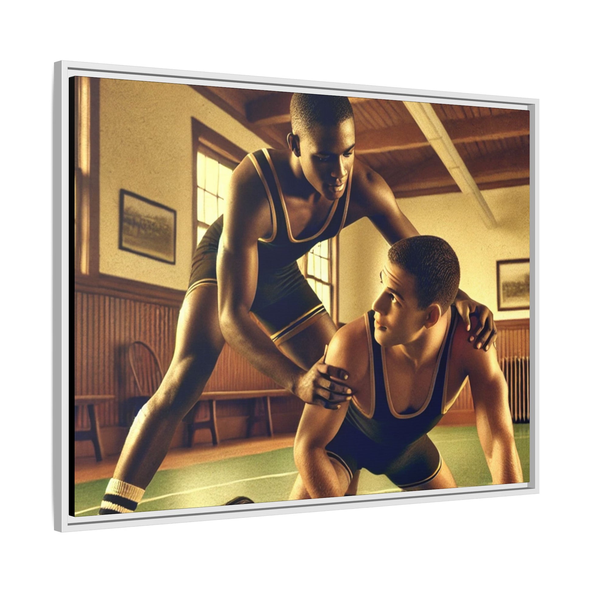Framed canvas artwork inspired by Grant Wood featuring African-American and European-American wrestlers in a vintage gymnasium. A tribute to unity, diversity, and regionalist art.