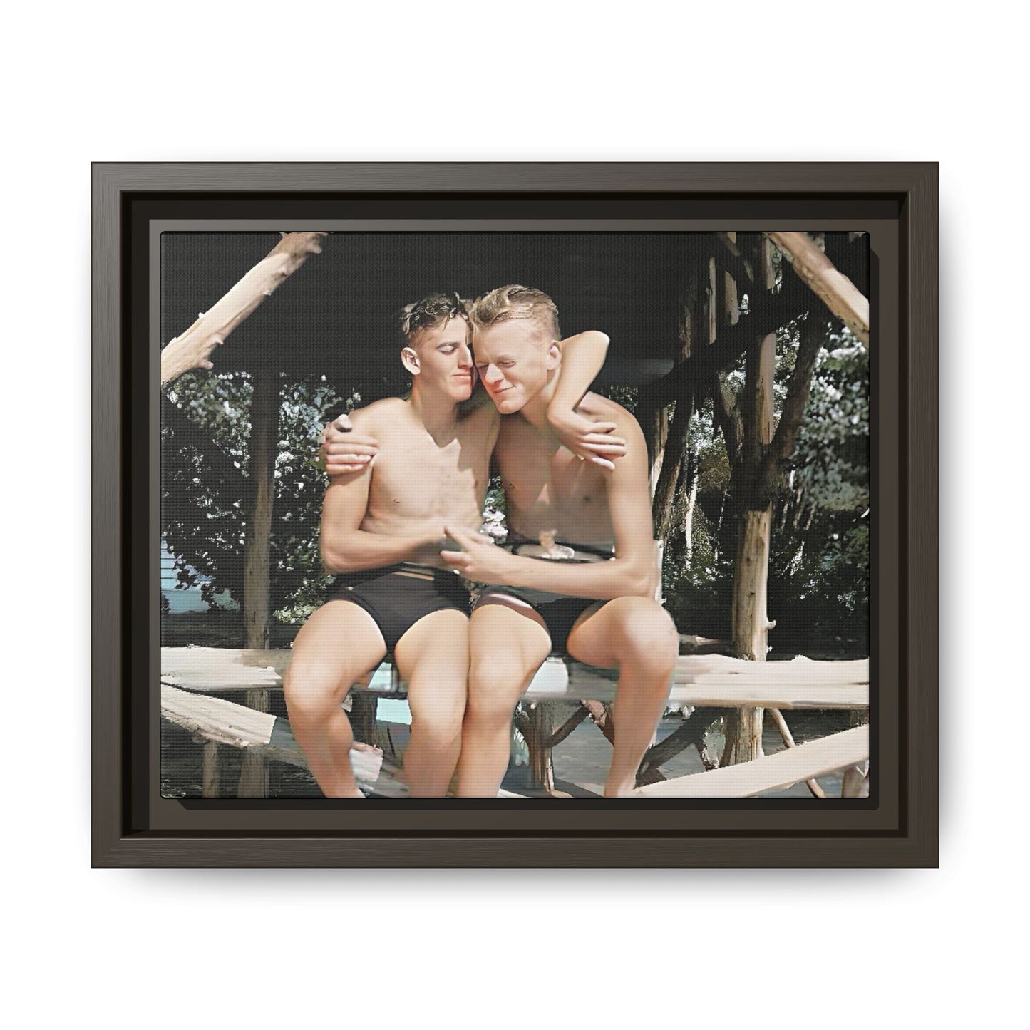 A vintage-inspired framed canvas print featuring Joseph and Billy at Kahena Beach, Hawaii. Their intimate moment under a sunlit pergola captures the warmth of love, freedom, and tropical serenity—perfect for coastal, LGBTQ+, and romantic home decor.