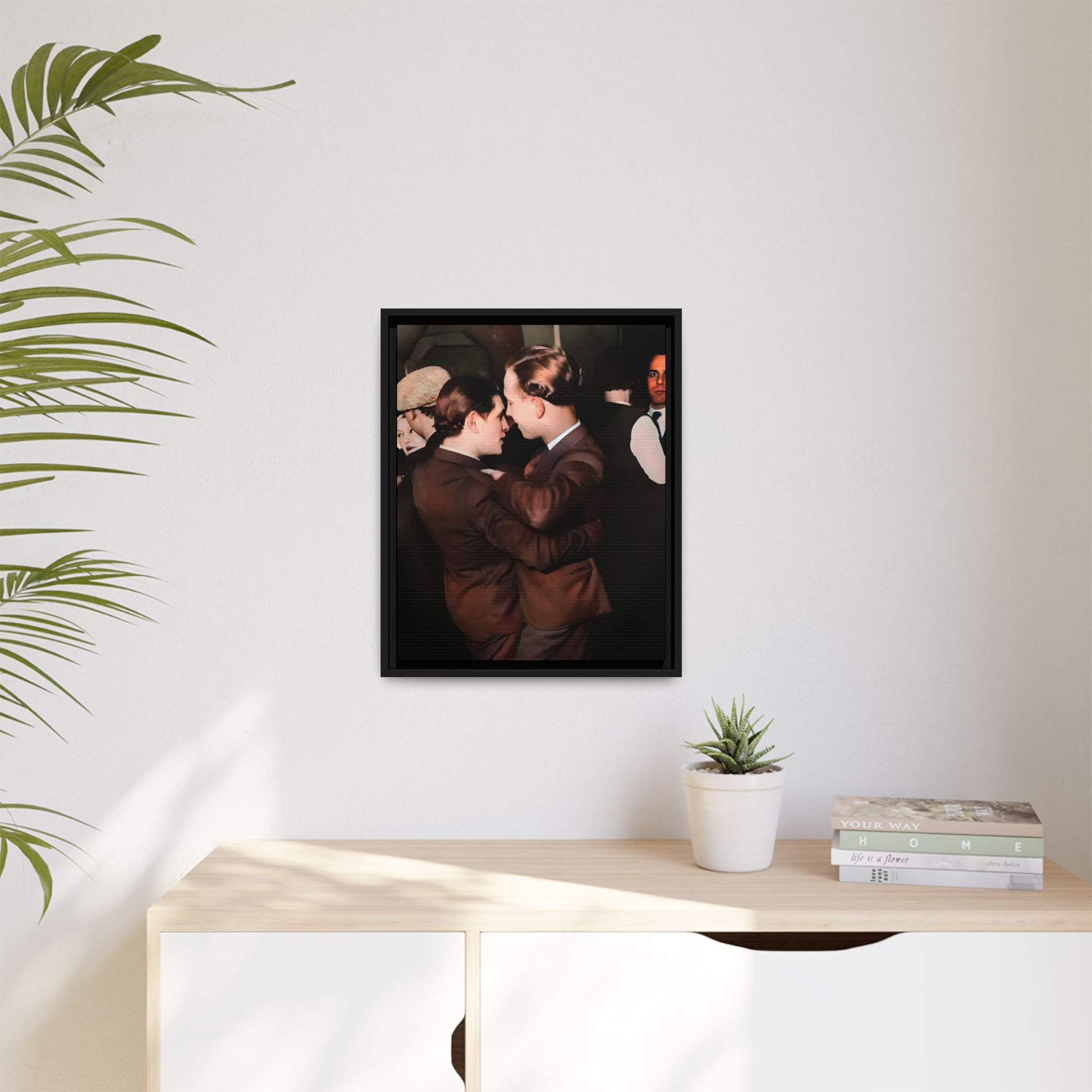 Vintage Gay dance portrait of Bernard & Leroy at an Atlanta soirée. Their embrace reflects timeless love and authenticity. A framed matte canvas print celebrating history, romance, and the elegance of shared moments.