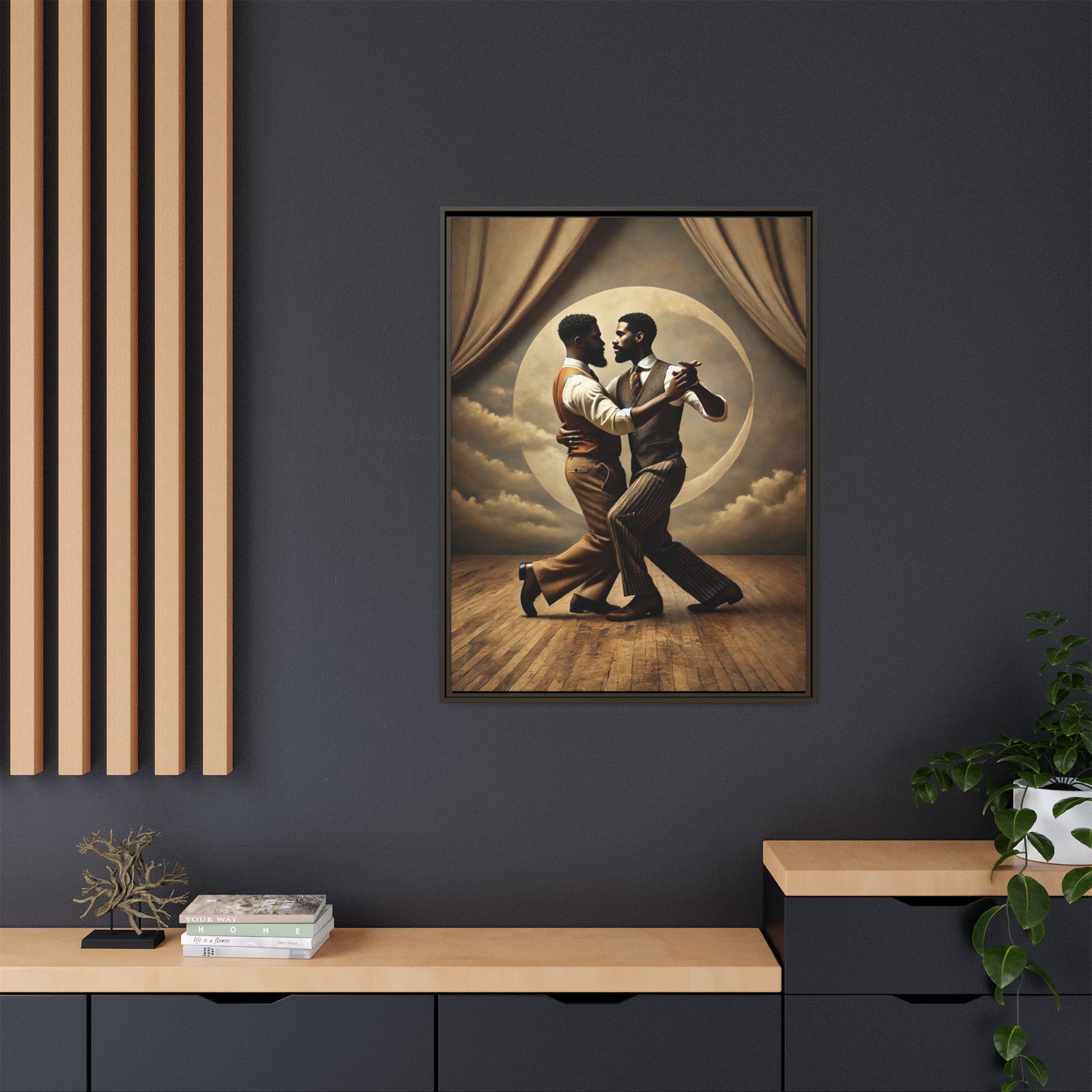 Original artwork of two Black men ballroom dancing in vintage 1920s suits under a glowing moon backdrop. A romantic and powerful tribute to queer love and Black history that reclaims moments lost to systemic bias and cultural erasure.