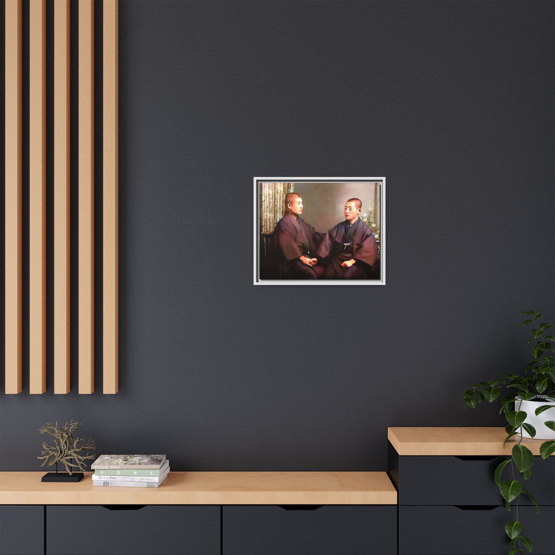 A vintage portrait of Hiroto & Atsushi in Kyoto, Japan. This framed matte canvas celebrates LGBTQ+ love, cultural heritage, and timeless elegance, making it a unique and meaningful art piece for collectors and history enthusiasts. Gay Couple