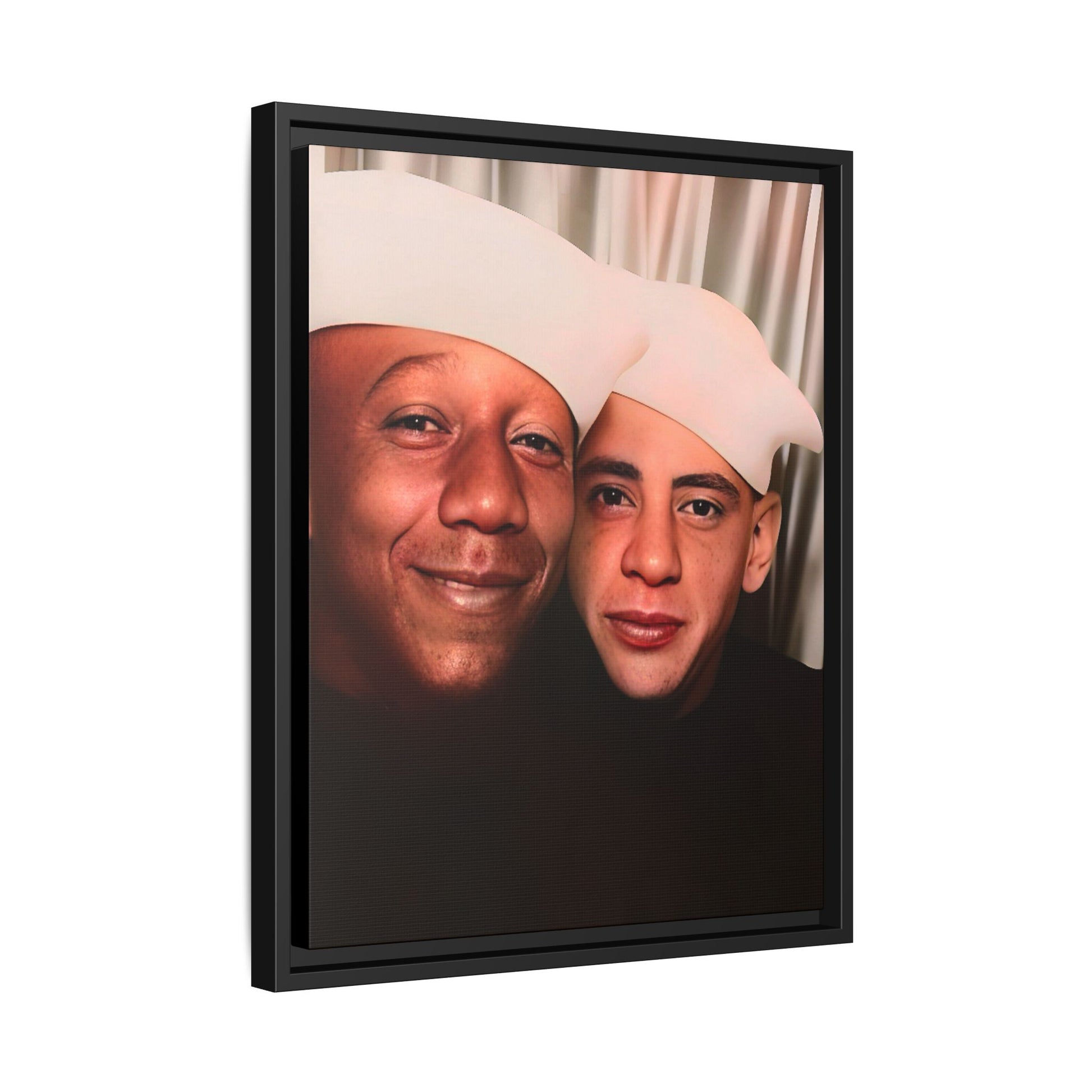 Restored vintage photo of Arthur & Marvin, WWII-era gay sailors in a photo booth, Daytona Beach FL, framed canvas art.