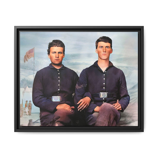 A framed vintage Civil War photo on matte canvas featuring two Union soldiers at Camp Curtin, honoring military history. Gay Couple