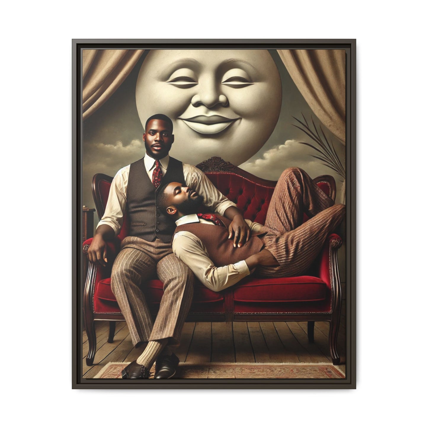 Vintage-style artwork of two Black men in 1920s clothing sitting and reclining together on a red velvet couch beneath a smiling full moon. The scene reclaims queer Black history and affection once lost to bias and invisibility.