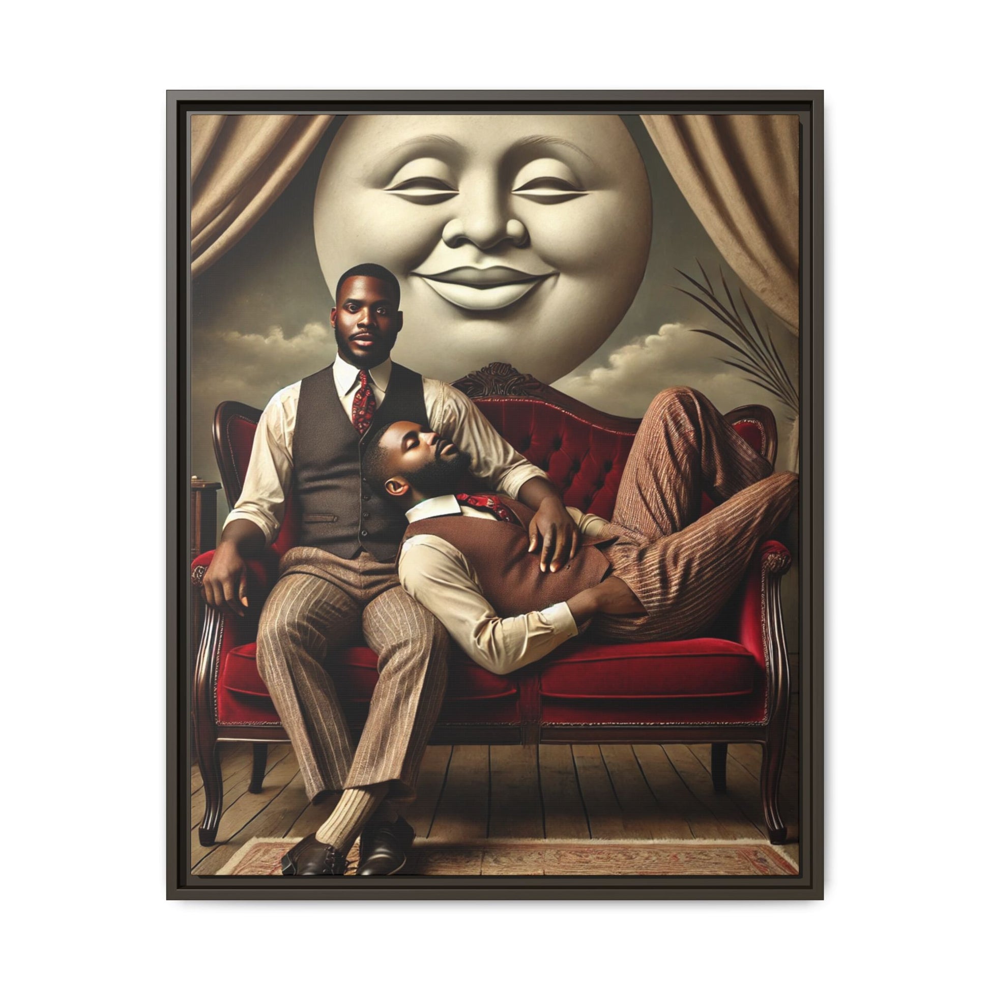 Vintage-style artwork of two Black men in 1920s clothing sitting and reclining together on a red velvet couch beneath a smiling full moon. The scene reclaims queer Black history and affection once lost to bias and invisibility.