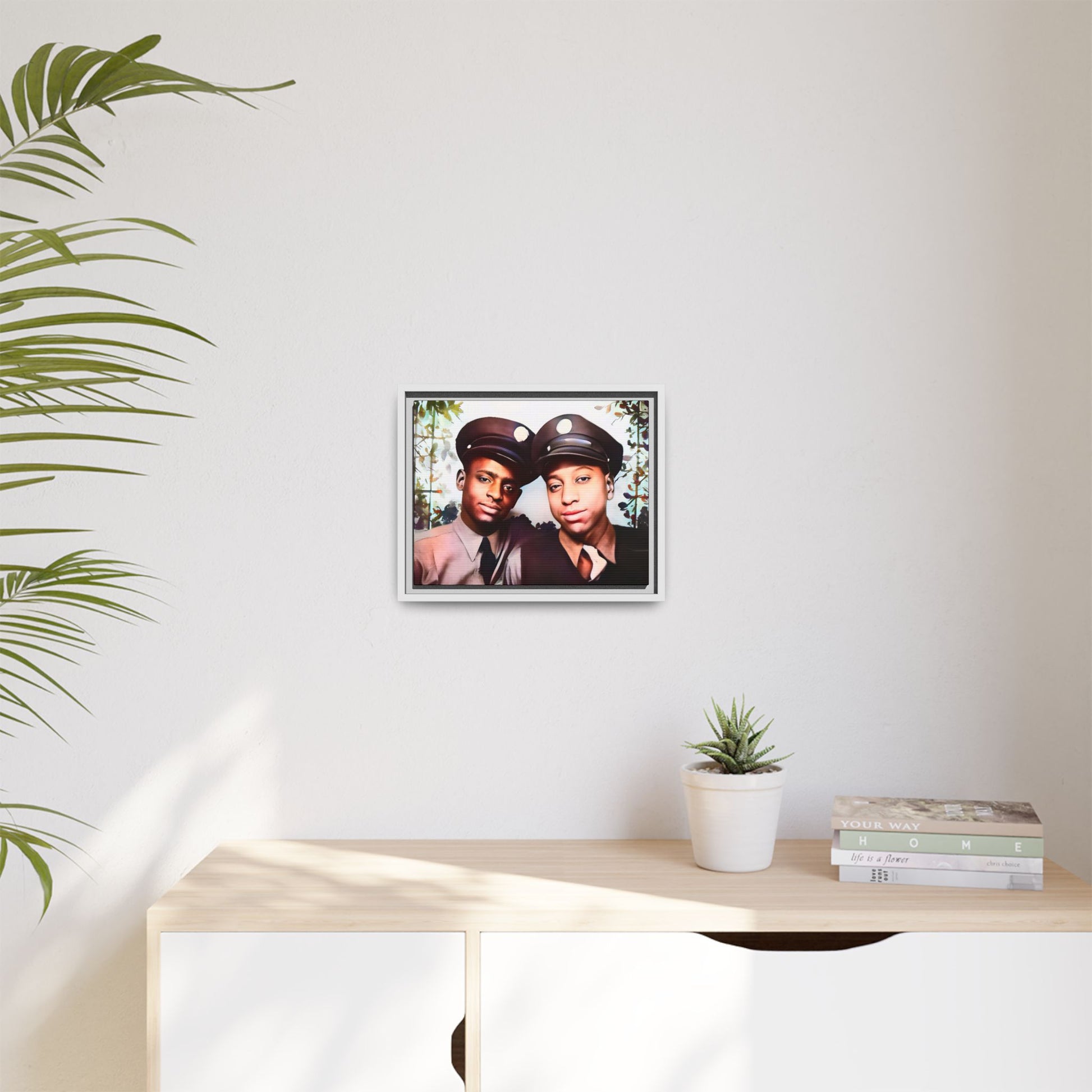 Vintage portrait of Deion & Marcus in Lexington, KY. Framed matte canvas celebrating African-American LGBTQ+ history, showcasing unity and timeless love. Perfect for collectors, art enthusiasts, and those honoring diversity and inclusion through decor.