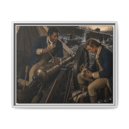 Museum-inspired Revolutionary War canvas featuring Continental artillery soldiers cleaning cannon equipment during winter camp.