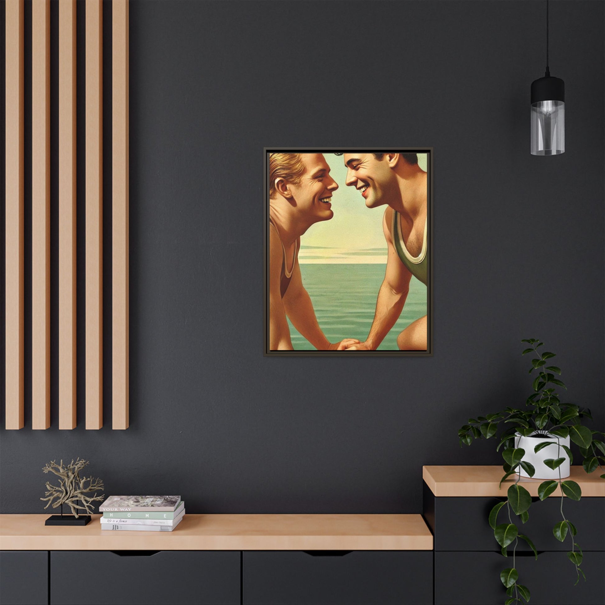 Vintage-style artwork of a joyful 1930s moment between a gay couple by the lake, dressed in classic swimwear and sharing warm smiles. Set on a serene wooden dock, this piece captures love, companionship, and LGBTQ+ history in an idyllic, nostalgic summer setting.