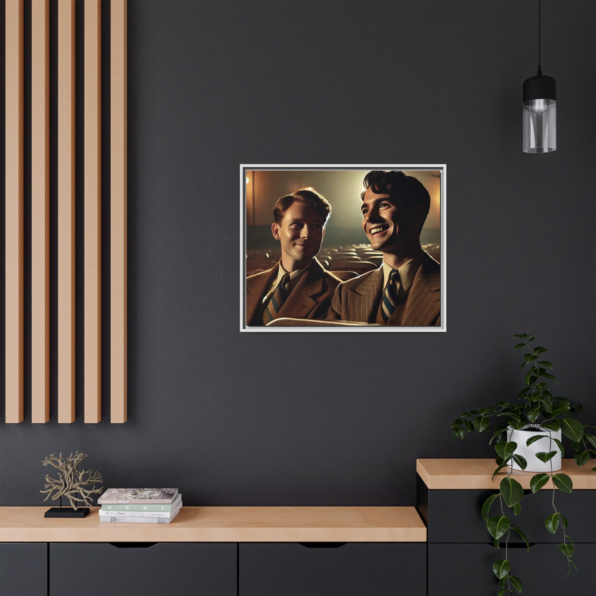 Vintage-style photo of two young men sharing an intimate moment on a date in a 1930s movie theater. Dressed in classic pinstripe suits, their smiles and close connection evoke the warmth and charm of the era, celebrating LGBTQ+ history and timeless romance.