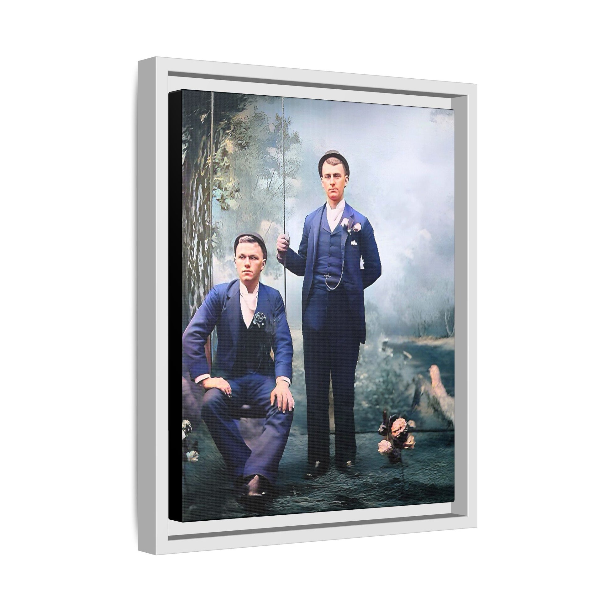 A restored vintage portrait of David & Earnest in Monongahela City, Pennsylvania. This framed matte canvas honors LGBTQ+ history, elegance, and enduring love. Gay Couple