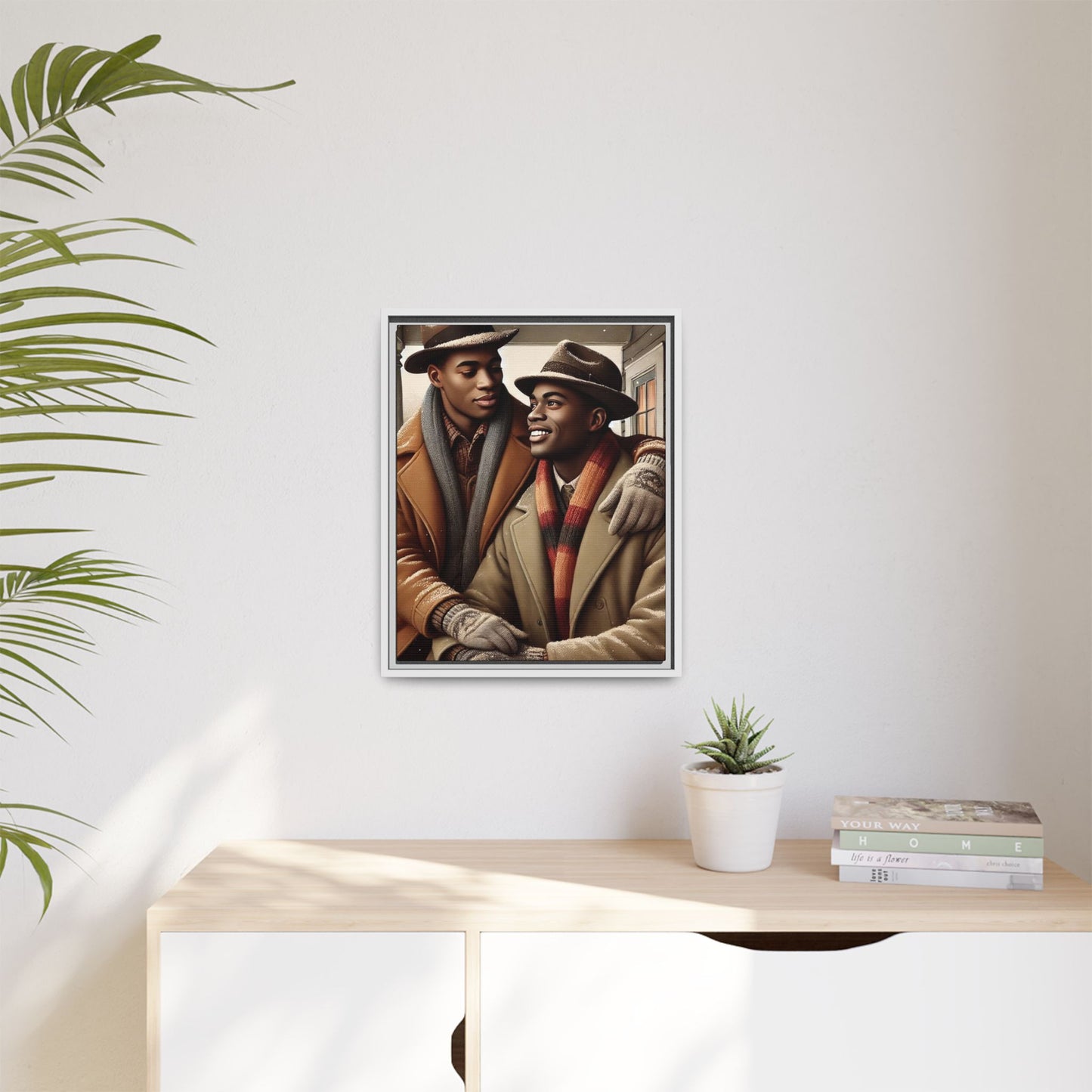 Artwork of an African-American gay couple sharing a cozy winter moment on a porch. Dressed in vintage winter attire with fedoras, scarves, and warm coats, they exchange affectionate gazes amidst softly falling snow, capturing love, warmth, and intimacy in a nostalgic winter setting.