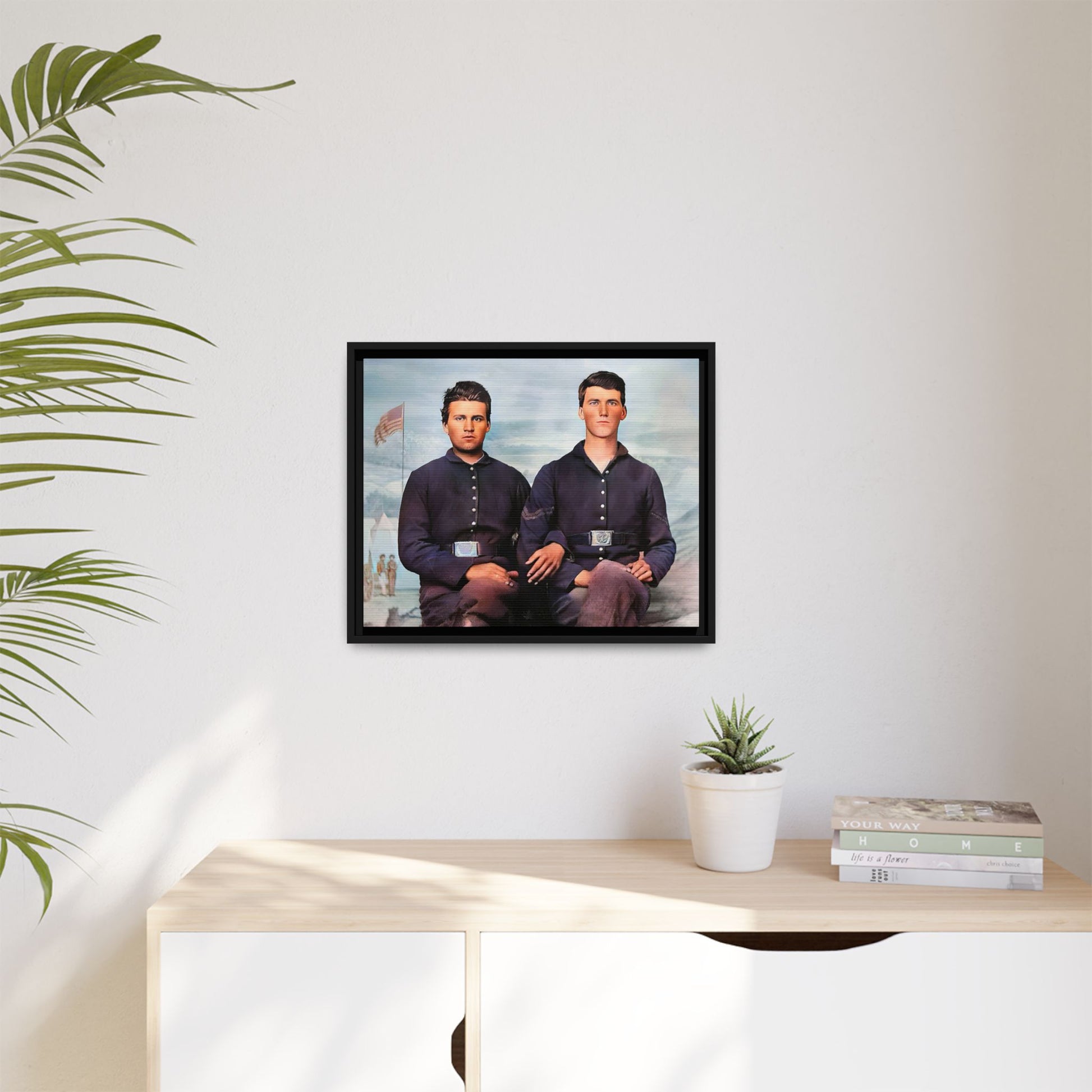 A framed vintage Civil War photo on matte canvas featuring two Union soldiers at Camp Curtin, honoring military history. Gay Couple