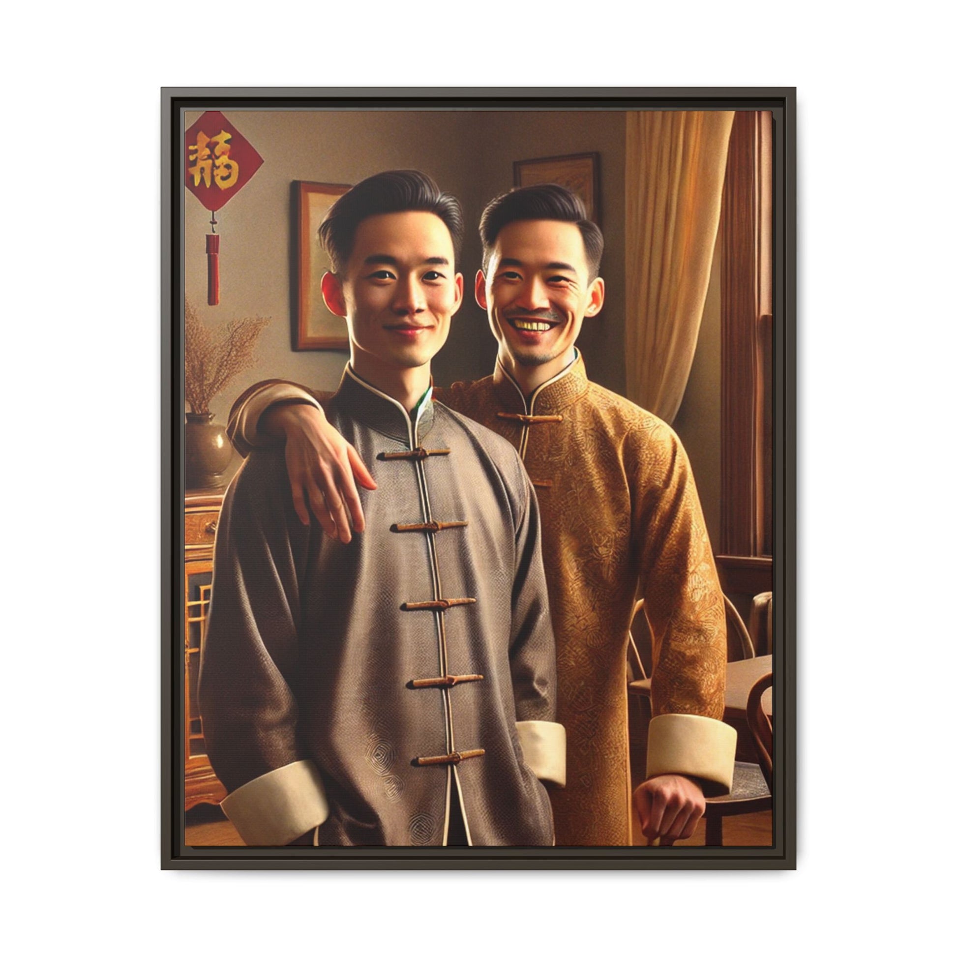 Artwork featuring a joyful portrait of a Chinese queer couple celebrating Chinese New Year in traditional attire. Set in a cozy American home adorned with subtle decorations, this image captures love, cultural pride, and warmth, blending Chinese heritage with a Midwestern setting