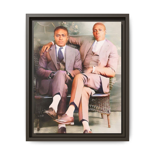 Restored vintage portrait of Walter & George, an African American gay couple seated in Birmingham AL, framed canvas art. Gay Juneteenth Black Love History Month